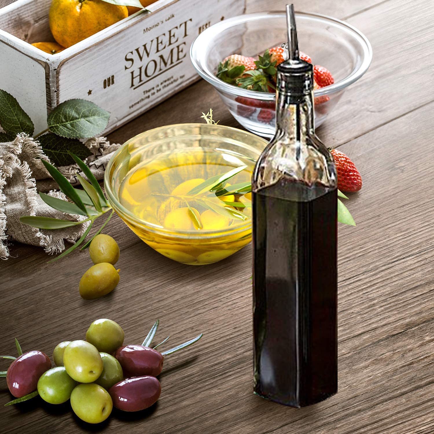 DLD- Juego de 4 botellas dispensadoras de aceite de oliva de vidrio de 16 onzas, botella de vinagre y aceite verde oscuro de 500 ml con vertedor, jarra de aceite de oliva para cocina