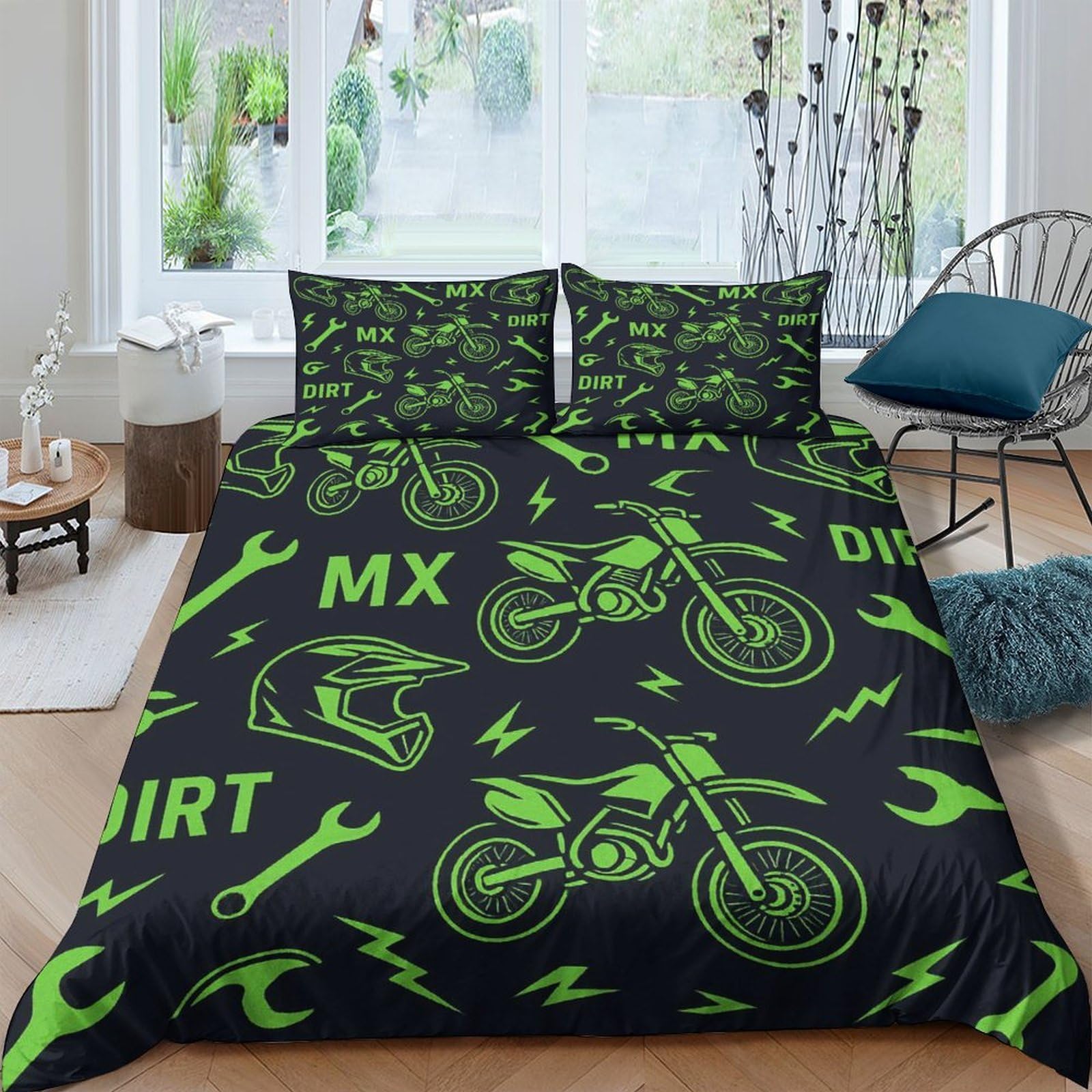 TUFRTGYHN 3D Printed Green Motocross Motorbike Duvet Cover Microfiber Breathable Dirt Bike Bedding Set with 2 Pillowcases for Bedroom Decor Single（135x200cm）