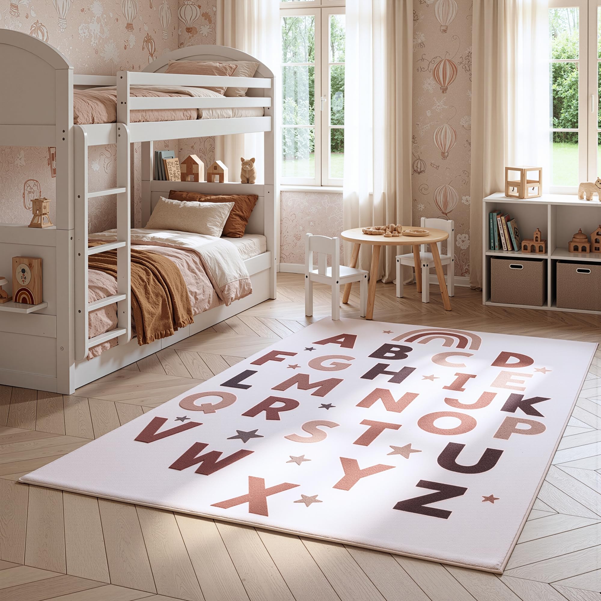 HomebyHome Kinderteppich Alphabet Lernteppich für Kinderzimmer in Creme mit Buchstaben Motiv Größe 120x170 cm ideal zum Lernen und Spielen