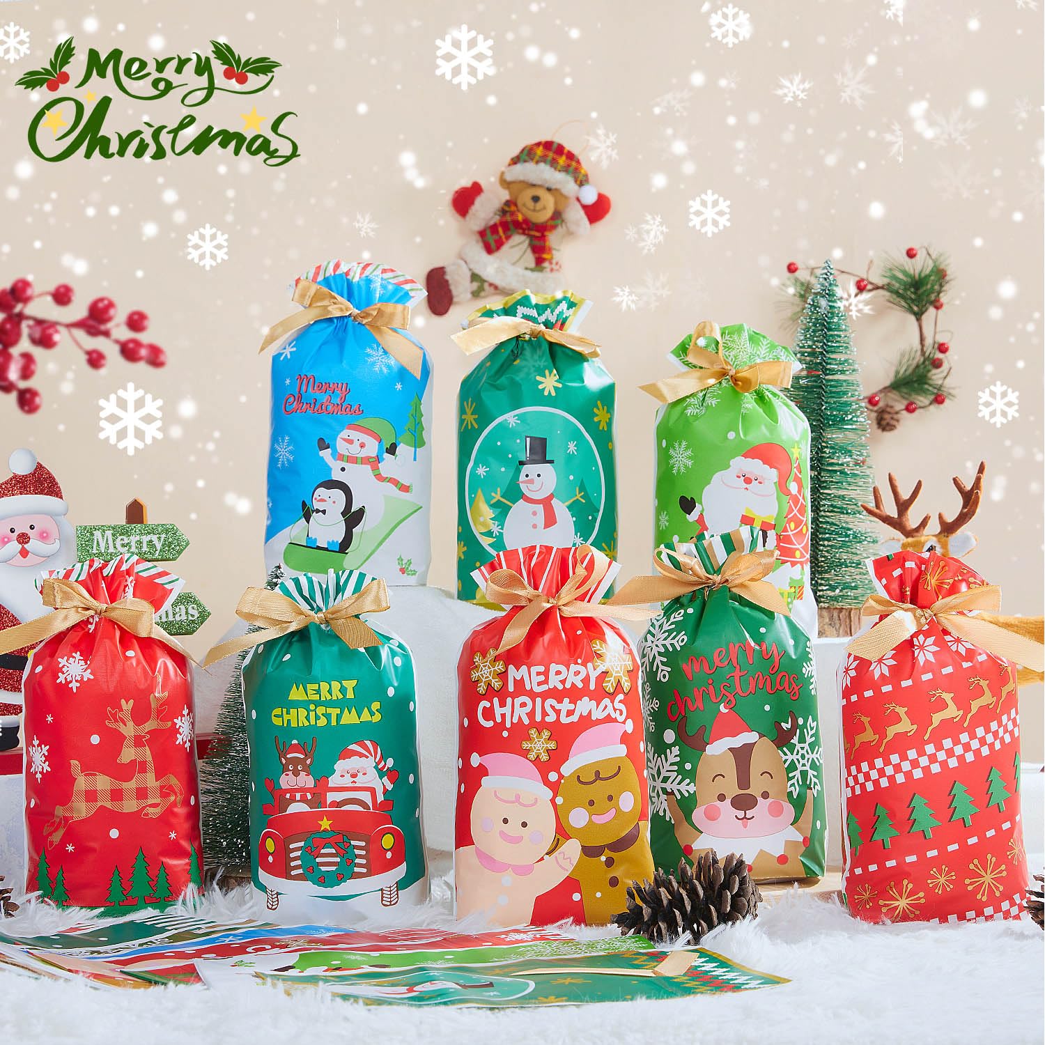 BELSVOR Set di 4 Sacchetti Regalo di Natale Grandi, 4 Sacchetti Regalo