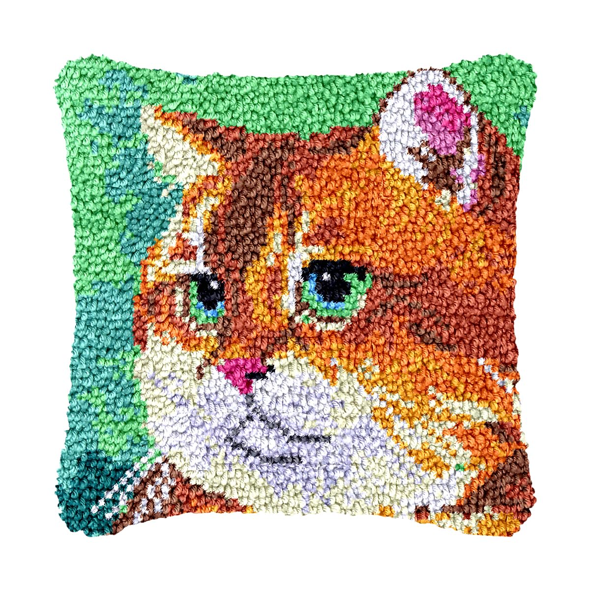 bositigo Cat Latch Hook Pillow Kit for Adults &amp; Kids, DIY Pre-Printed Canvas Craft, 17x17 Inch Decorative Cover for Sofa Cushions, Bedroom Decor (Cat Pattern 18)