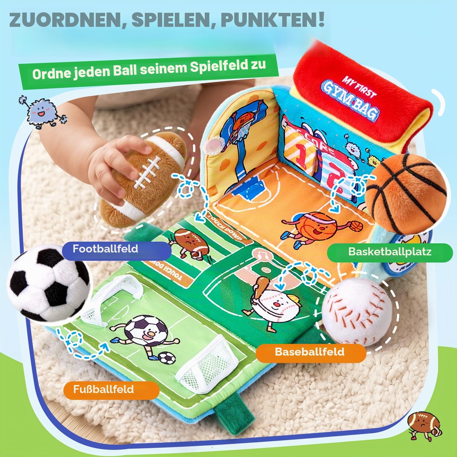 Joycat Baby Spielzeug 0-12 Monate, Mein Erstes Sporttaschen-Spielzeug, 4 Sensorik Bälle mit Multifunktionsspielfeld, Montessori Babyspielzeug 3 6 9 12 Monaten, Tummy Time Baby Geschenke Jungen Mädchen