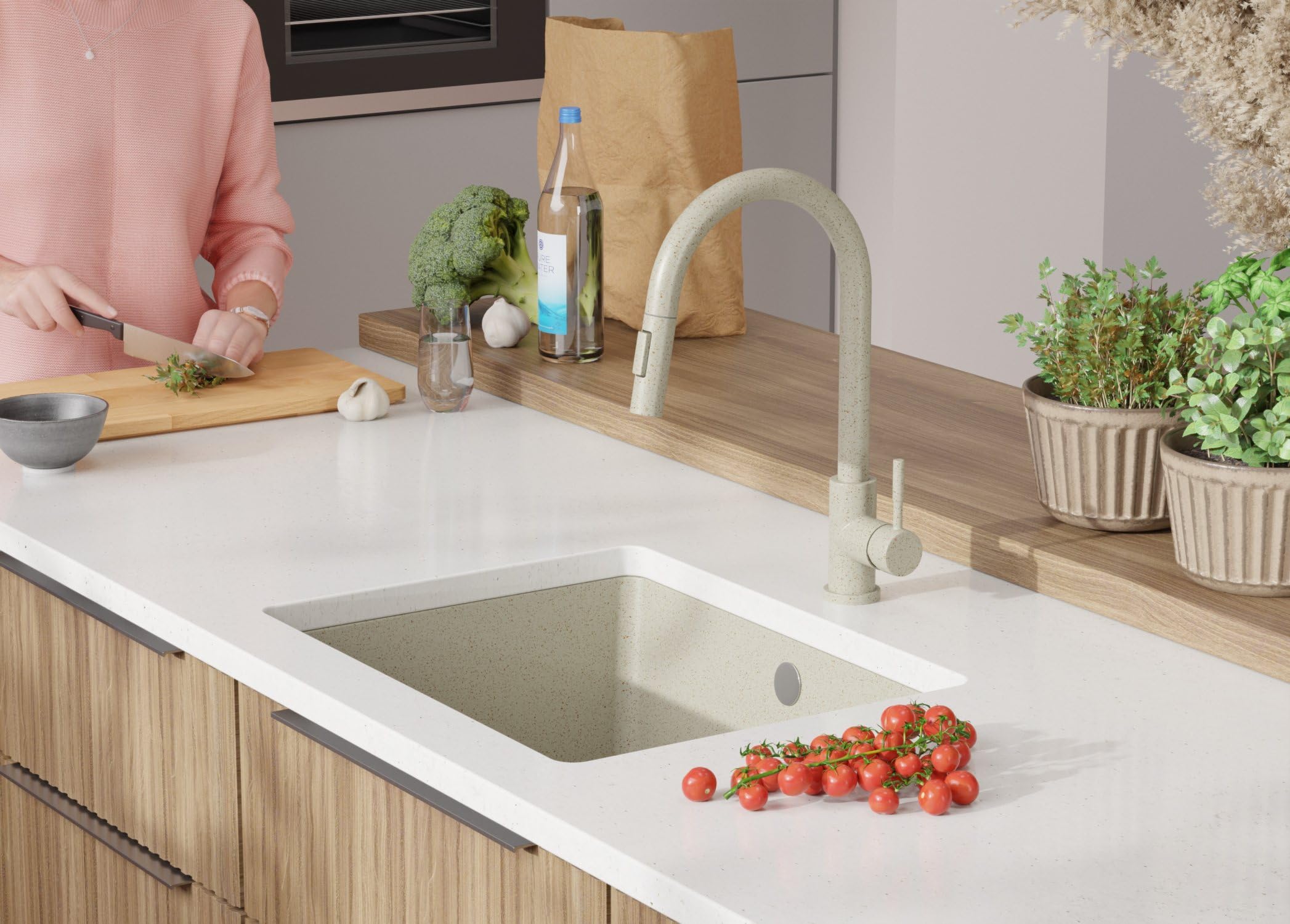 PRIMAGRAN Fregadero bajo Encimera Beige 56x44cm, Cocina 1 Seno + Sifón, Granito al Mueble 60cm - Venecia Easy S066