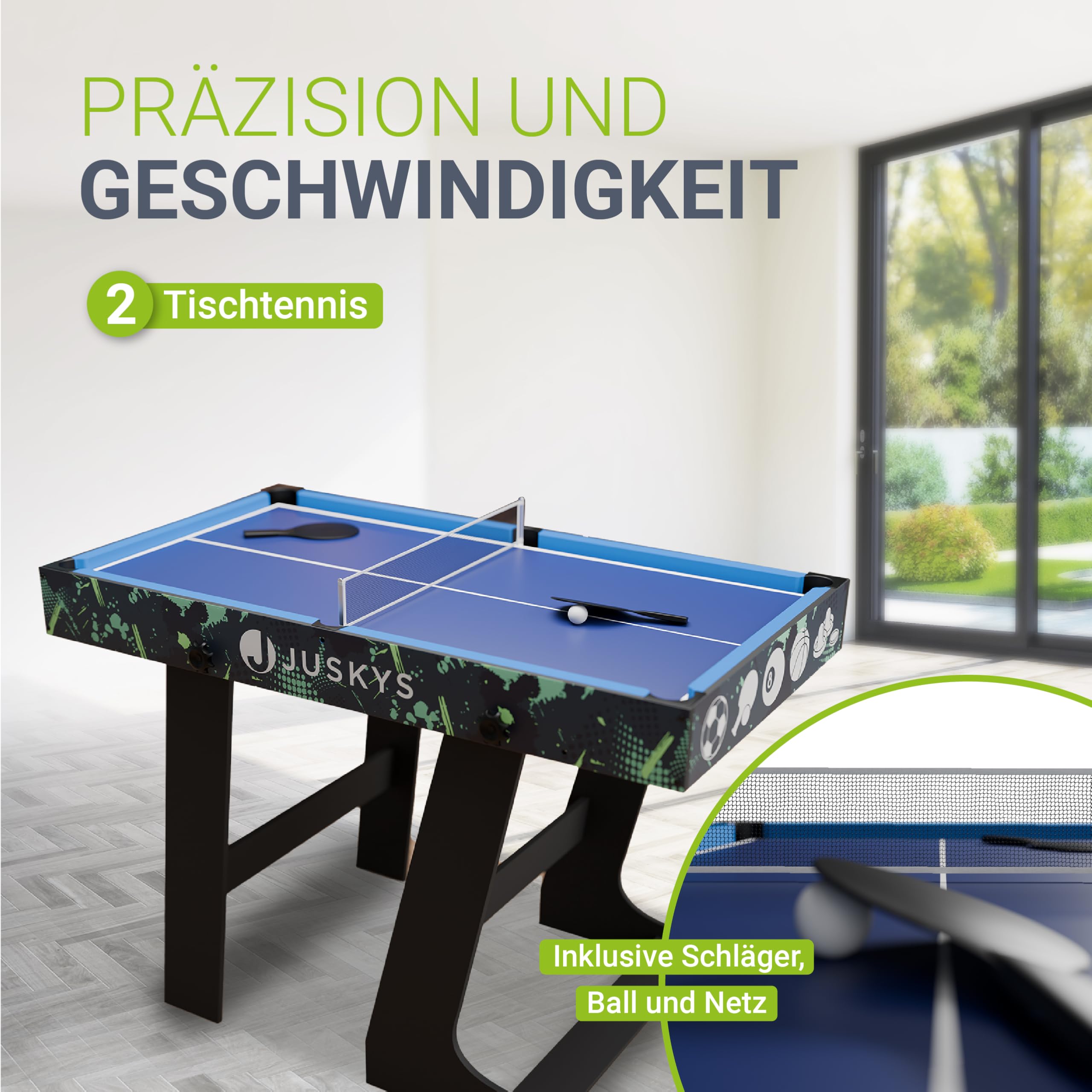 Juskys 5in1 Spieltisch Ballzauber - Multifunktionstisch klappbar mit Tischtennisplatte, Tischkicker, Billardtisch, Hockey & Basketball