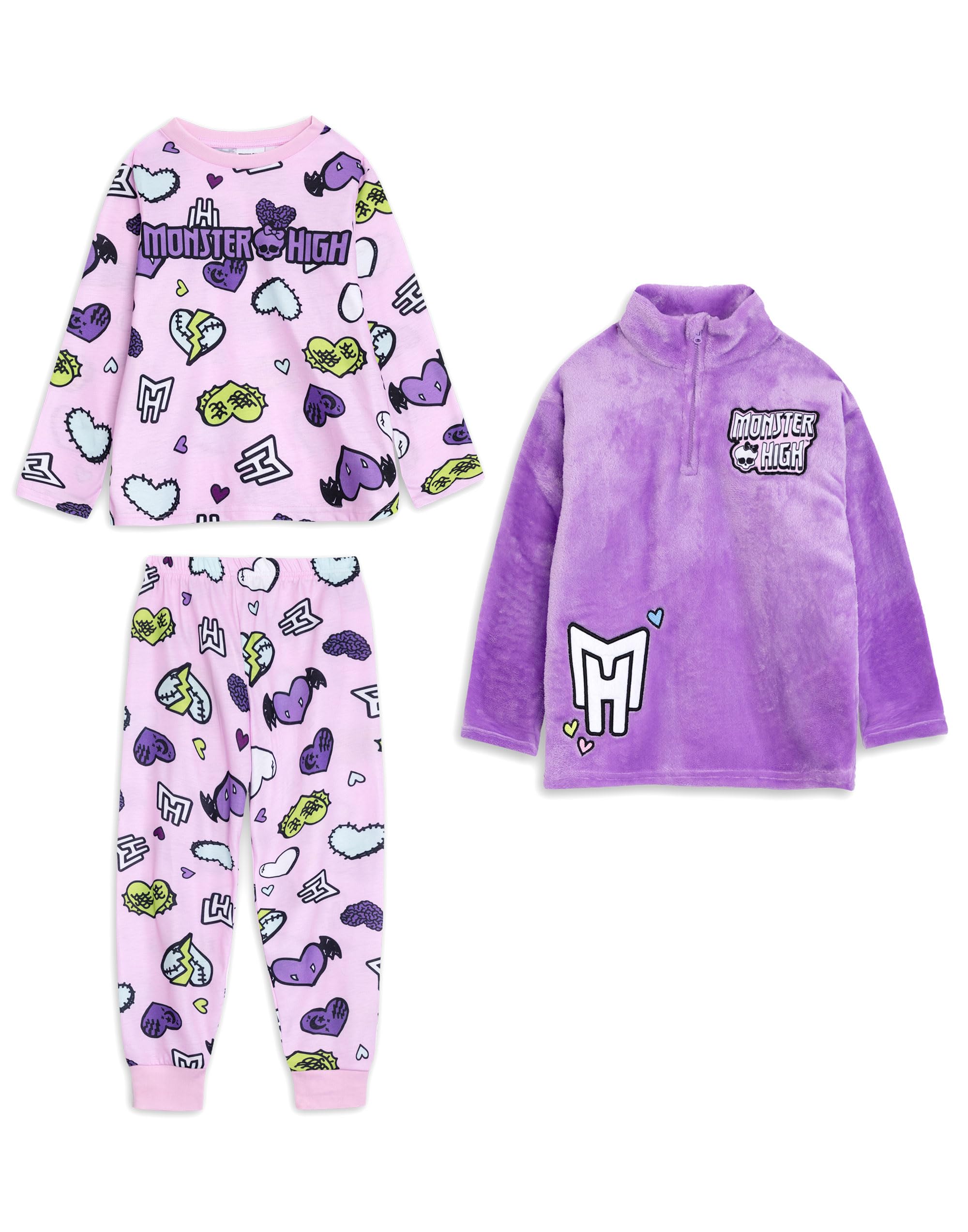 Monster High Girls Multicoloured Pink & Purple Long Sleeve Long Leg Pyjama And Jumper 3 Piece Set | Soft Cosy Fleece Nightwear With Funnel Neck & Zip Closure Merch - 13-14 Years