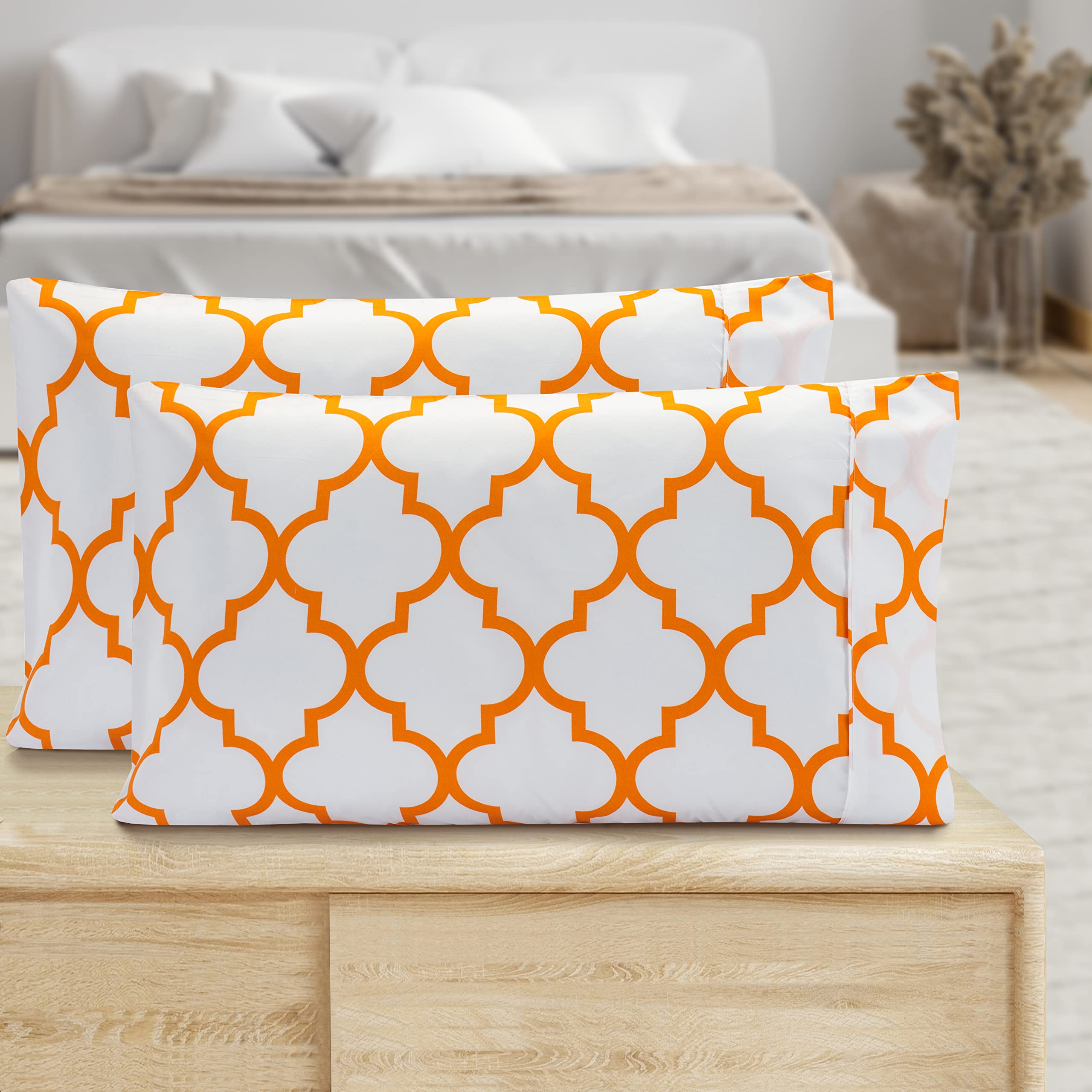 Elegant Comfort Pattern Printed Pillowcases 2-Piece Set Egyptian Quality 1500 Thread Count Timeless Classic Designs Soft and Smooth Weave, Wrinkle Resistant, Quatrefoil Queen Pillowcase, Orange
