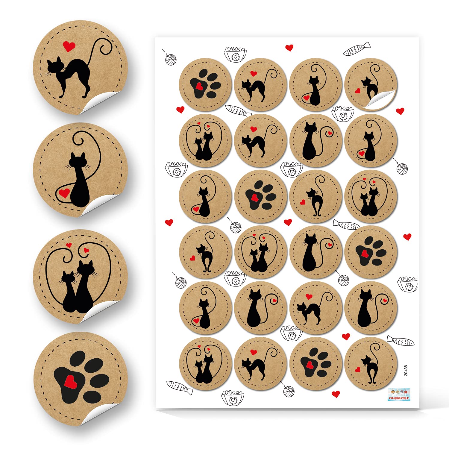 Logbuch-Verlag 24 pegatinas redondas de gatos en aspecto de papel de estraza con corazón marrón, negro y rojo – Pegatinas de animales para niños