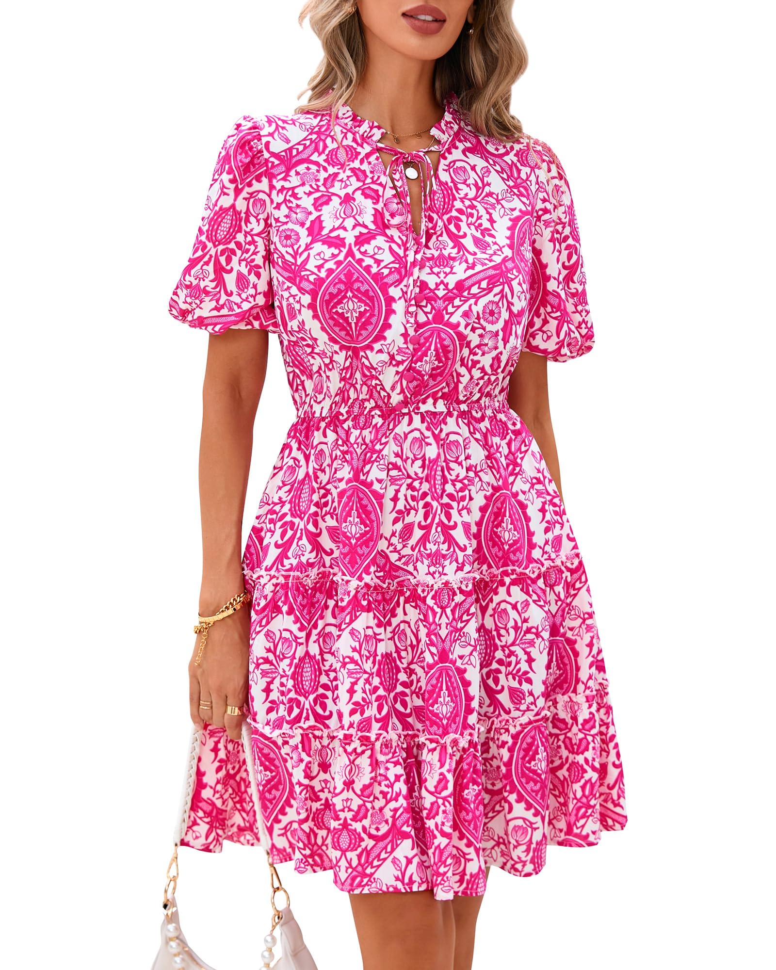 BTFBM Women Summer Floral Mini Dresses Short Sleeve Boho Dress