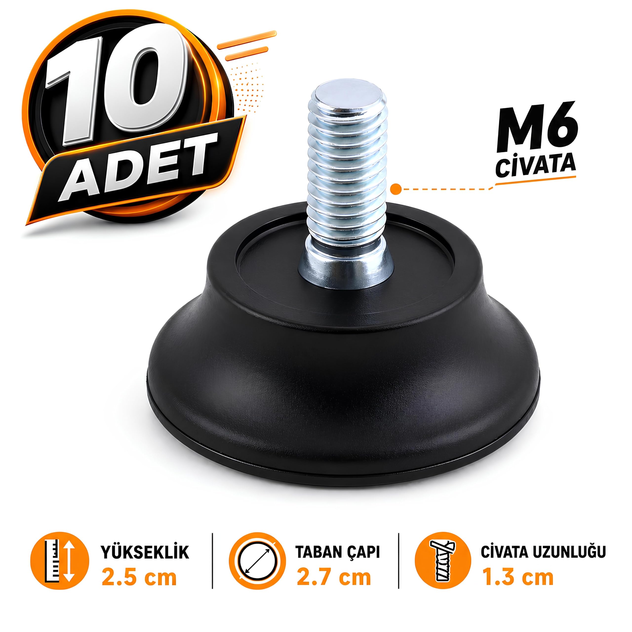 10 ADET Bingo Rotil Ayak Ayakları M6 Civatalı 6 mm Siyah Profil Ayağı 2.5 Cm