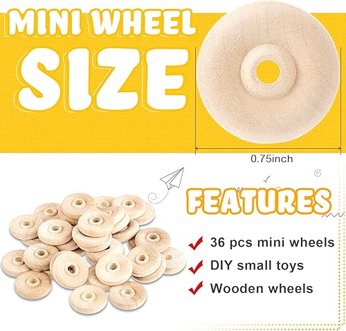Miniatura 9 de Paquete de 36 mini ruedas de madera con clavijas de eje de madera, ruedas de madera, piezas de juguete para manualidades, piezas de juguete,