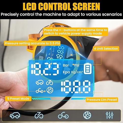 Miniatura 4 de Inflador de neumáticos compatible con batería Dewalt 20V Max, compresor de aire inalámbrico de 160 PSI con adaptador de coche de 12V DC, medidor