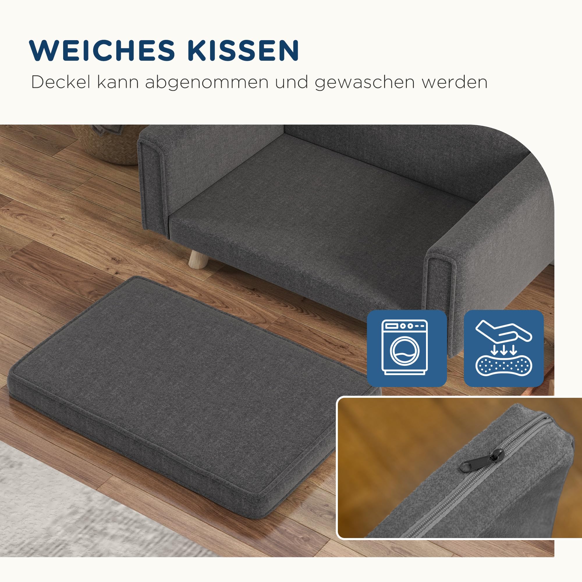 PawHut Hundesofa, Hundebett mit Erhöhtem Design, abnehmbarem und waschbarem Bezug, Haustiersofa mit Holzbeine, für kleine und mittelgroße Hunde, Grau