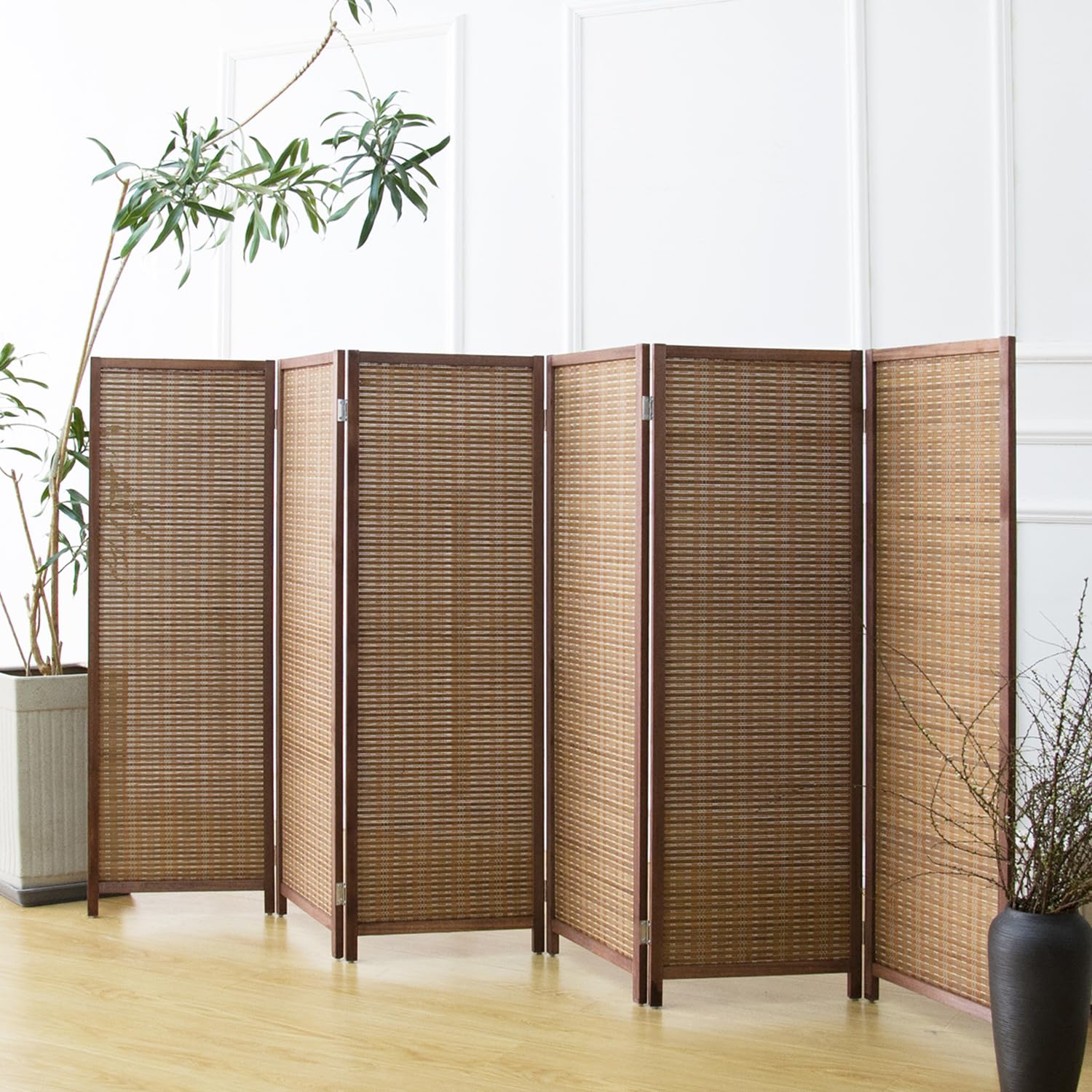 furnnylane 6 panel short room divider screen,brown freestanding partition,small bamboo panel divider for room seperation,3.95 ft tall