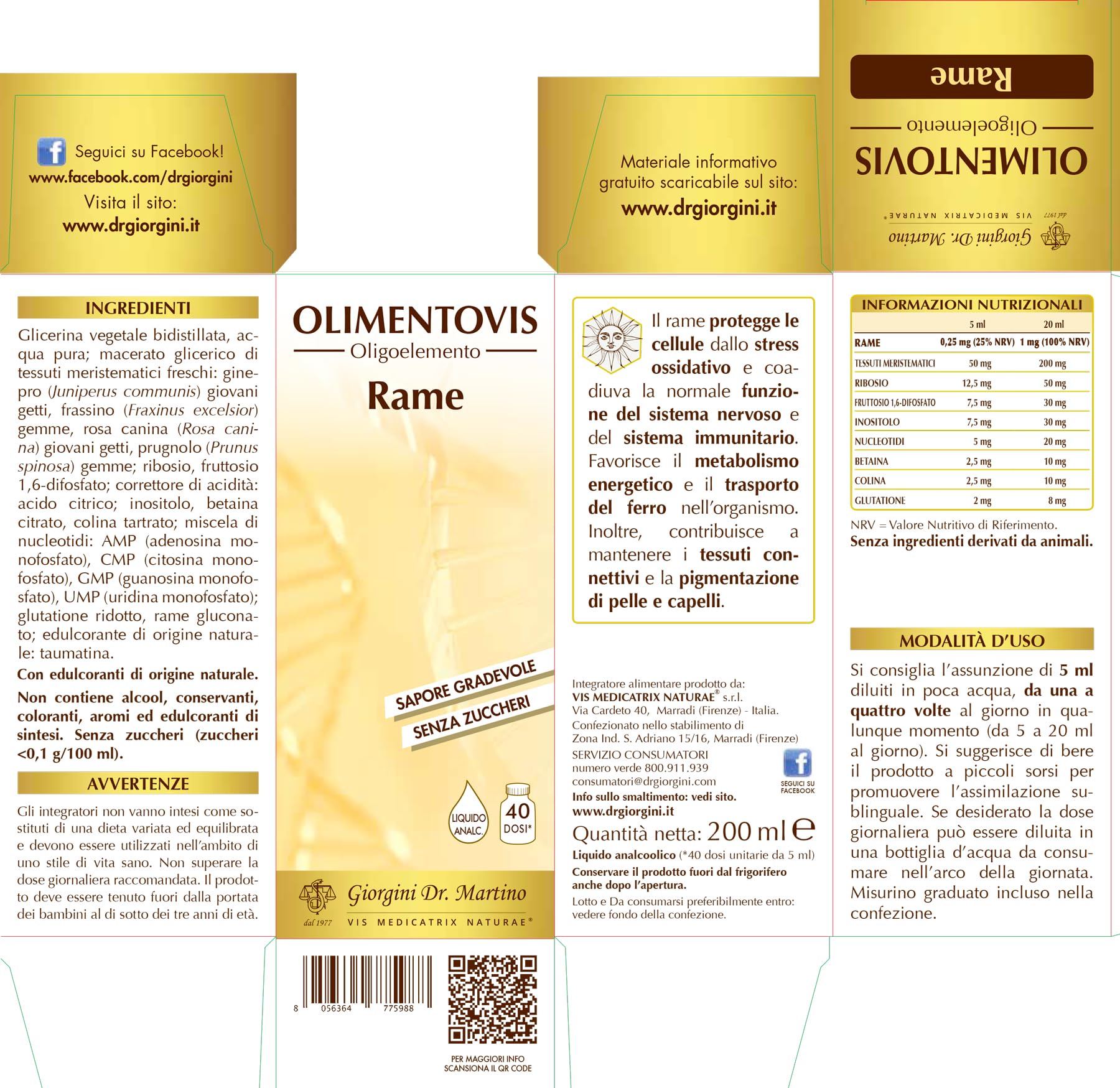 Dr Giorgini Integratore Alimentare, Rame Olimentovis Liquido Analcoolico - 200 ml