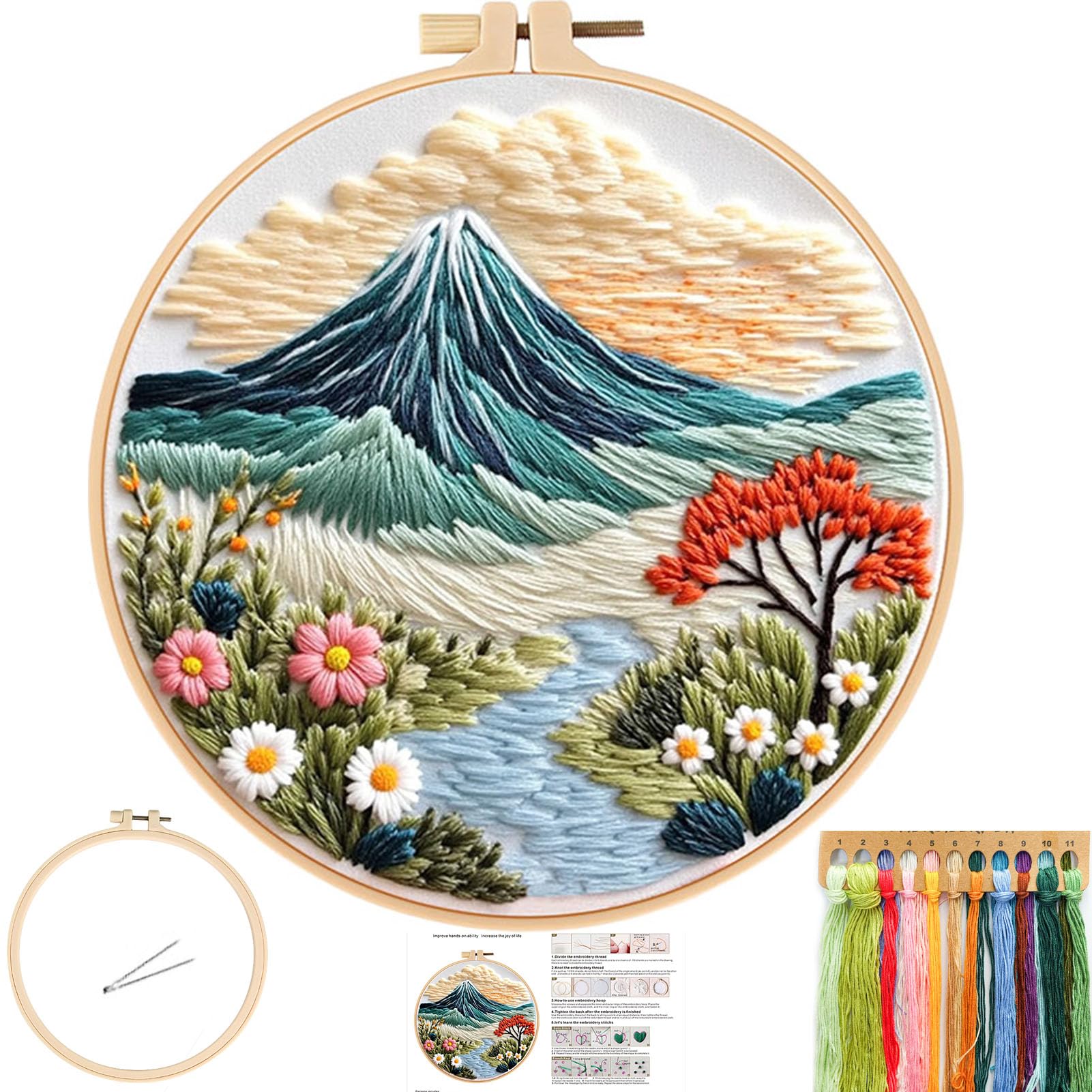 FONNUY Embroidery Kit for Beginners, Flower Hill Nature Landscape Pre-Stamped Pattern Kits for Adults with Hoop, Easy to Follow Color Thread Needlework, 8'' Hoop (Blue)