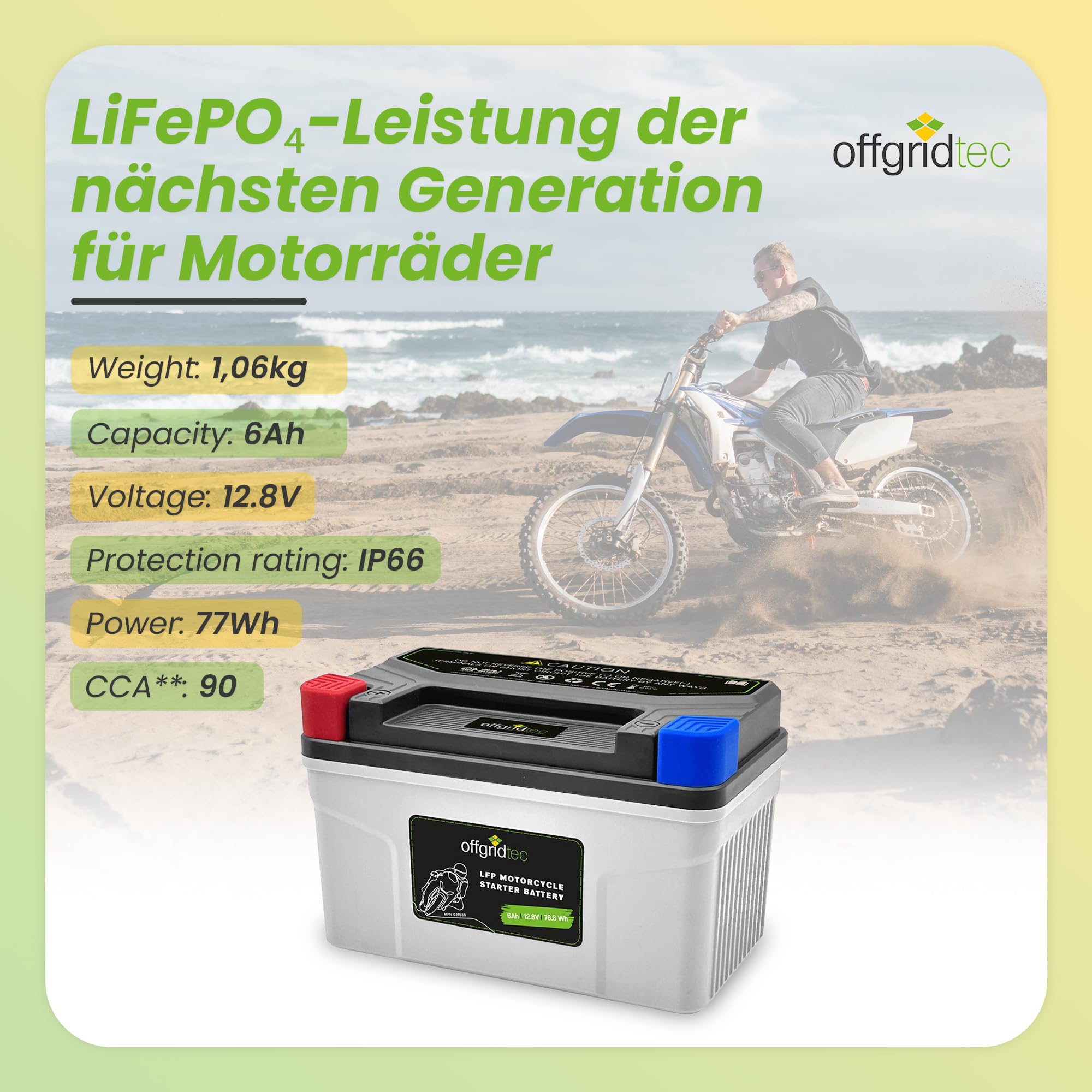 Offgridtec Motorradbatterie LiFePO4 12,8V 6Ah – Lithium Starterbatterie Motorrad, Ersatz für YTX7A-BS, YTZ10S, UTZ10S