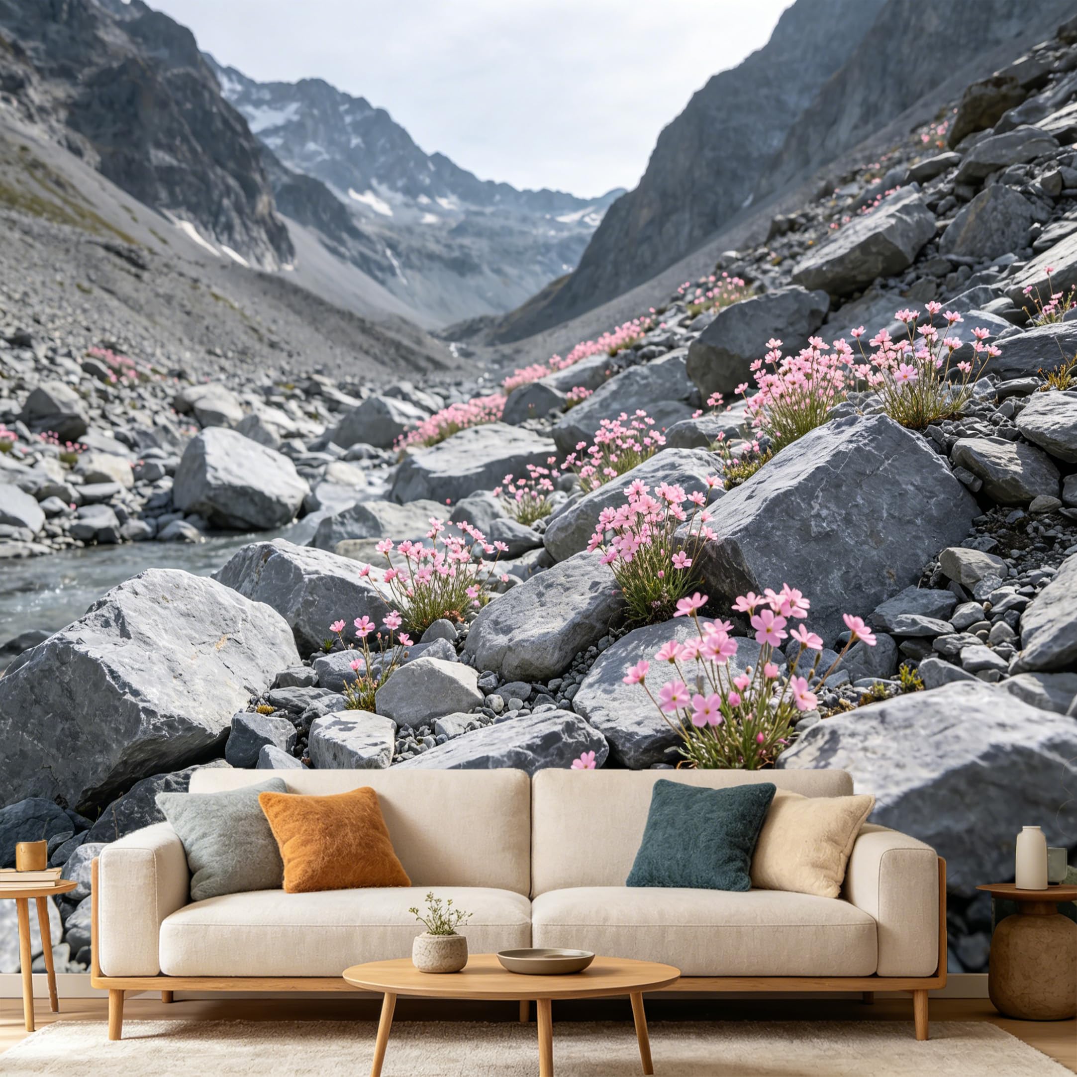 Custom Size Wall Mural Mountain Lake Landscape Pink Alpine Flowers Rock Scenery SelfAdhesive Art Prints wall Fabric（No PVC） Removable Wallpaper Home Bedroom Decor