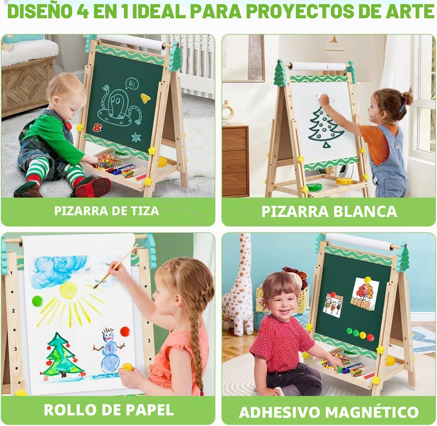 Caballete para Niños y Niñas de dos Caras con Altura Ajustable y Rollo de Papel|4 en 1 Pizarra Infantil con Letras de y Juego de Matemáticas|Madera Educativo Juego