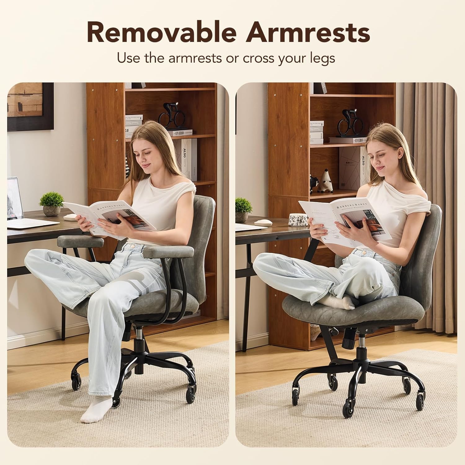 YFO Modern Ergonomic Office Desk Chair, Grey Leather with Lumbar Support, Adjustable Height, Swivel, Armrests, for Office, Gaming, Reading, Relaxing - 5