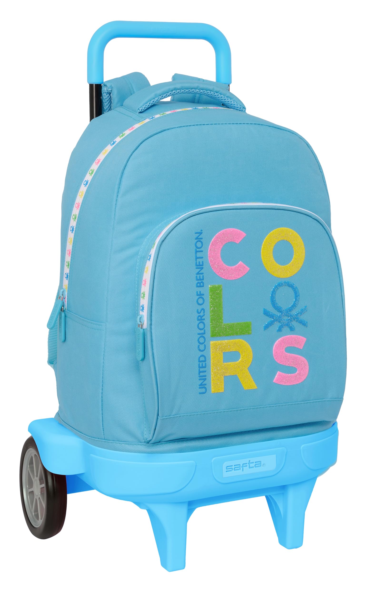 Safta Benetton Spring - Mochila Grande con Ruedas, Compact Evolución, Extraíble, Ideal para Niños de Diferentes Edades, Cómoda y Versátil, Calidad y Resistencia, 33x22x45 cm, Color Celeste