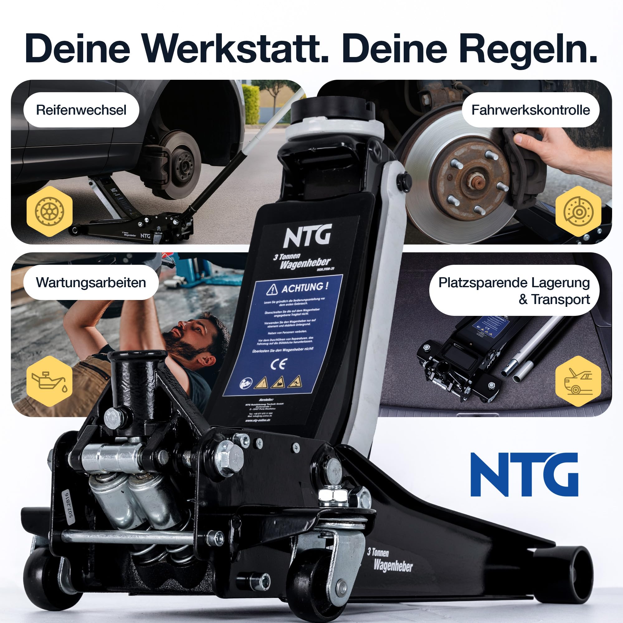 NTG HYDRAULISCHER WAGENHEBER 3T – Wagenheber Hydraulisch mit Doppelkolben & Schnellhub, 85–485 mm Hubhöhe – Rangierwagenheber inkl. 2 Gummiauflagen für PKW & SUV