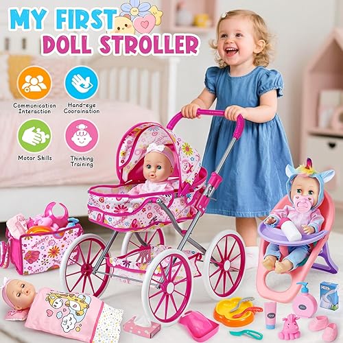 Miniatura 6 de Golray Juego de juguetes de muñeca de bebé de 12 pulgadas con cochecito para niñas de 3, 4, 5, 6 años, 26 piezas, babydoll con accesorios, almohada,