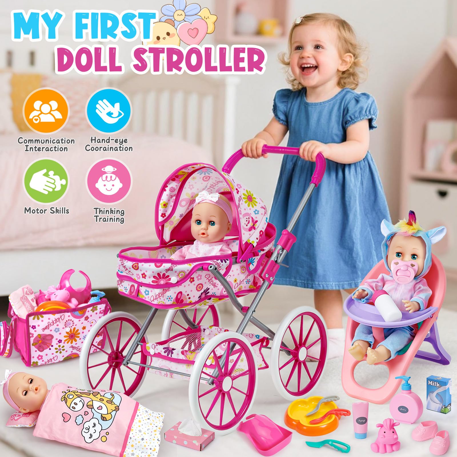Set Complet Poupon Bébé 30 Cm – Lit Portable, Vêtements, Couches, Biberon, Tétine, Vaisselle – Cadeau Fille 1 An+