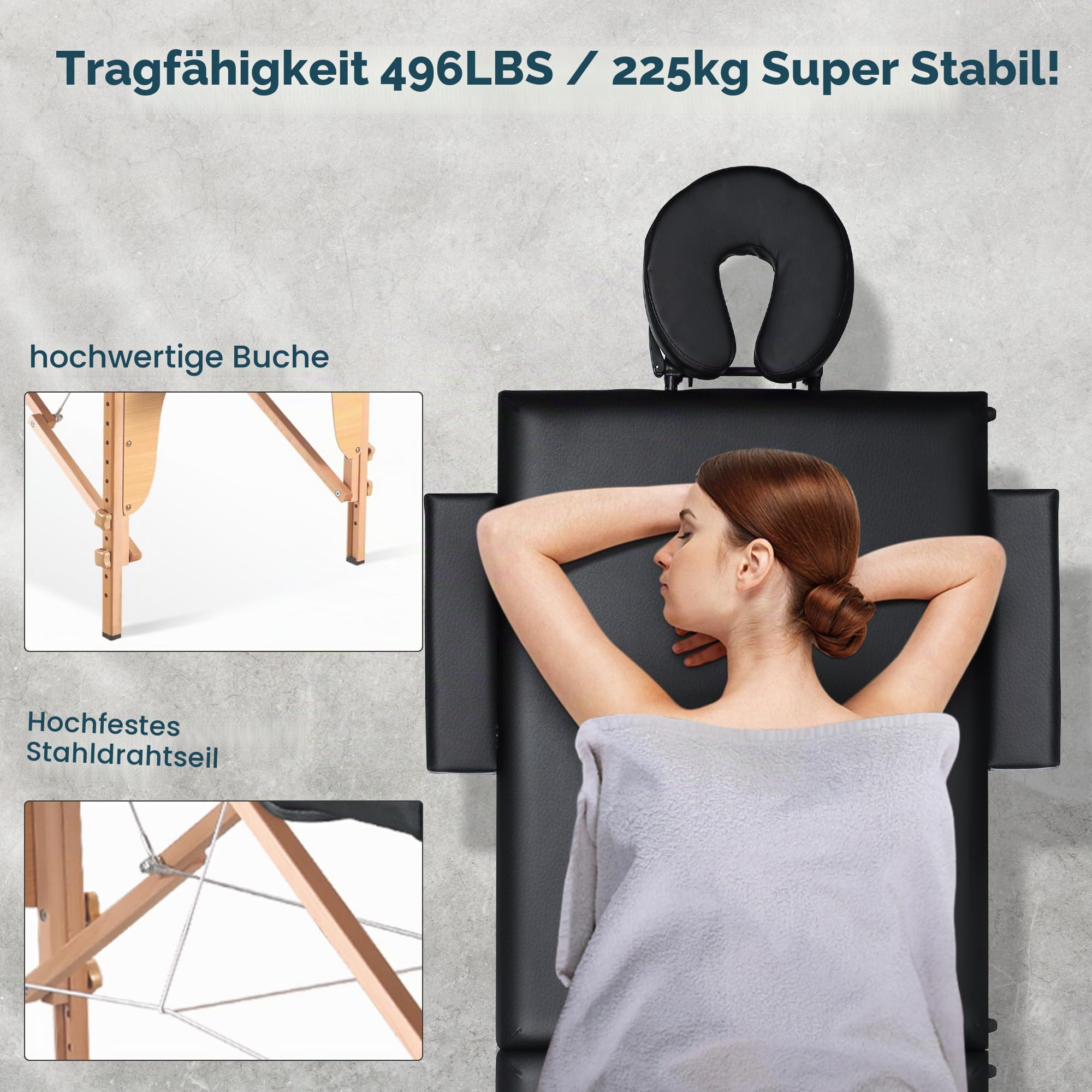 BODIOO Massageliege klappbar Mobile Massagetisch mit Holzfüßen 2-Zonen höhenverstellbar Tragebares Massagebett inkl. Kopfstütze & Armlehnen bis 250 kg Belastbar-Schwarz