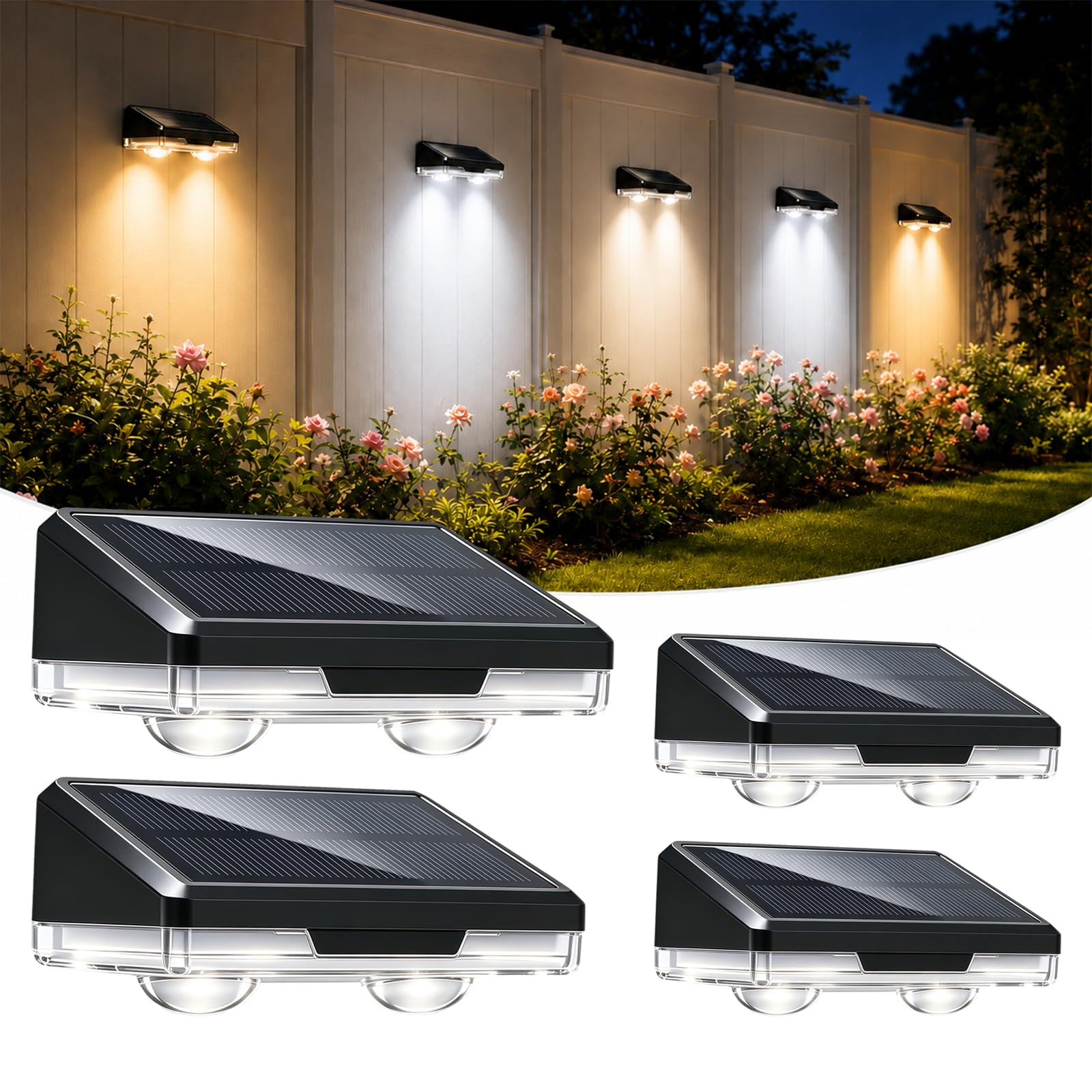 Beuaati Solar Lights Outdoor Garden 4-Pack, Waterproof Solar Garden Lights with 3 Color Modes (Cool White/Warm White/Warm Yellow), LED Garden Lights for Walls, Steps, Fences