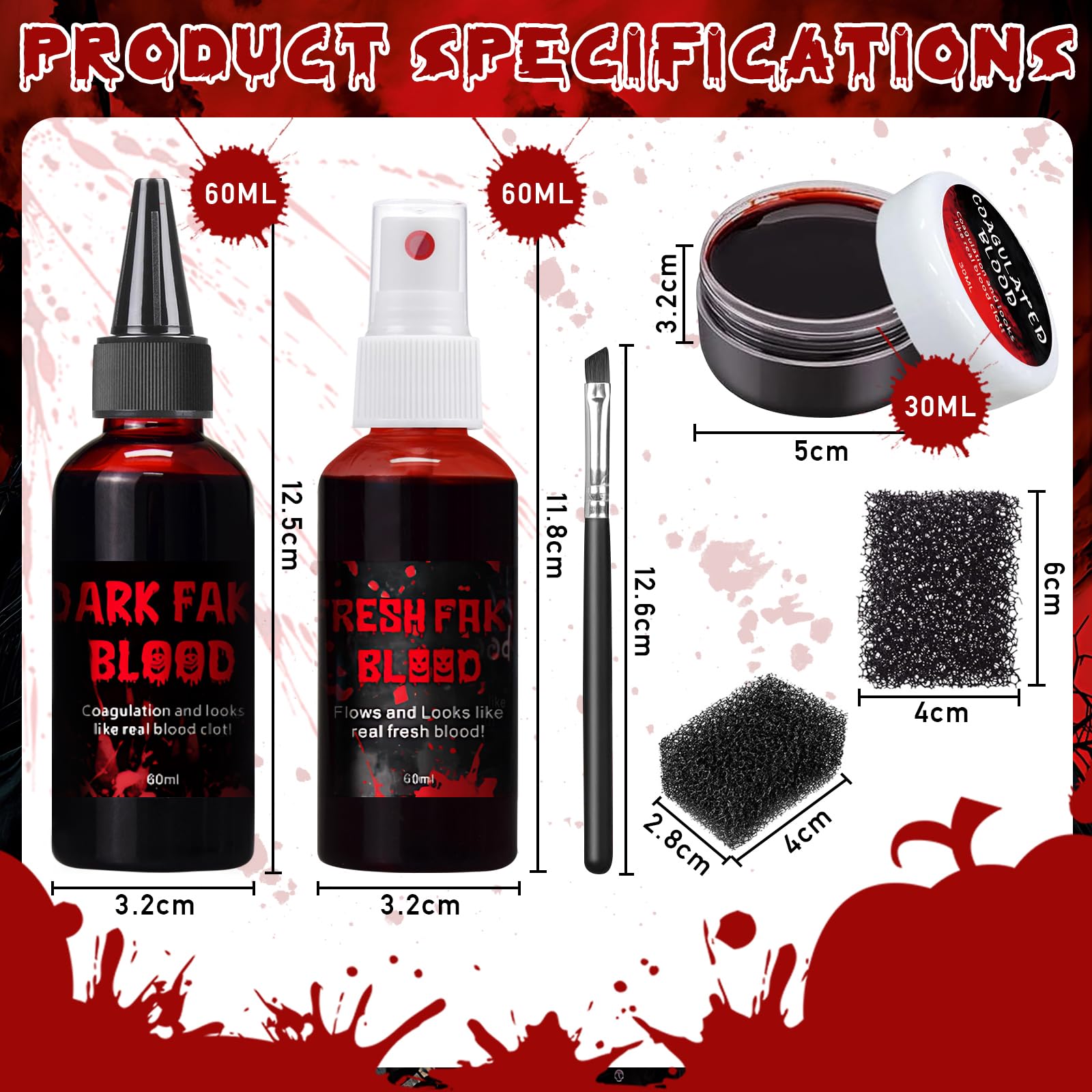 Halloween zestaw do makijażu ze sztuczną krwią, 60ml spray ze sztuczną krwią + 60ml kapiąca sztuczna krew + 30ml zakrzepłe osocze krwi + 2 gąbki + 1 pędzel do makijażu, sztuczna krew zmywalna do