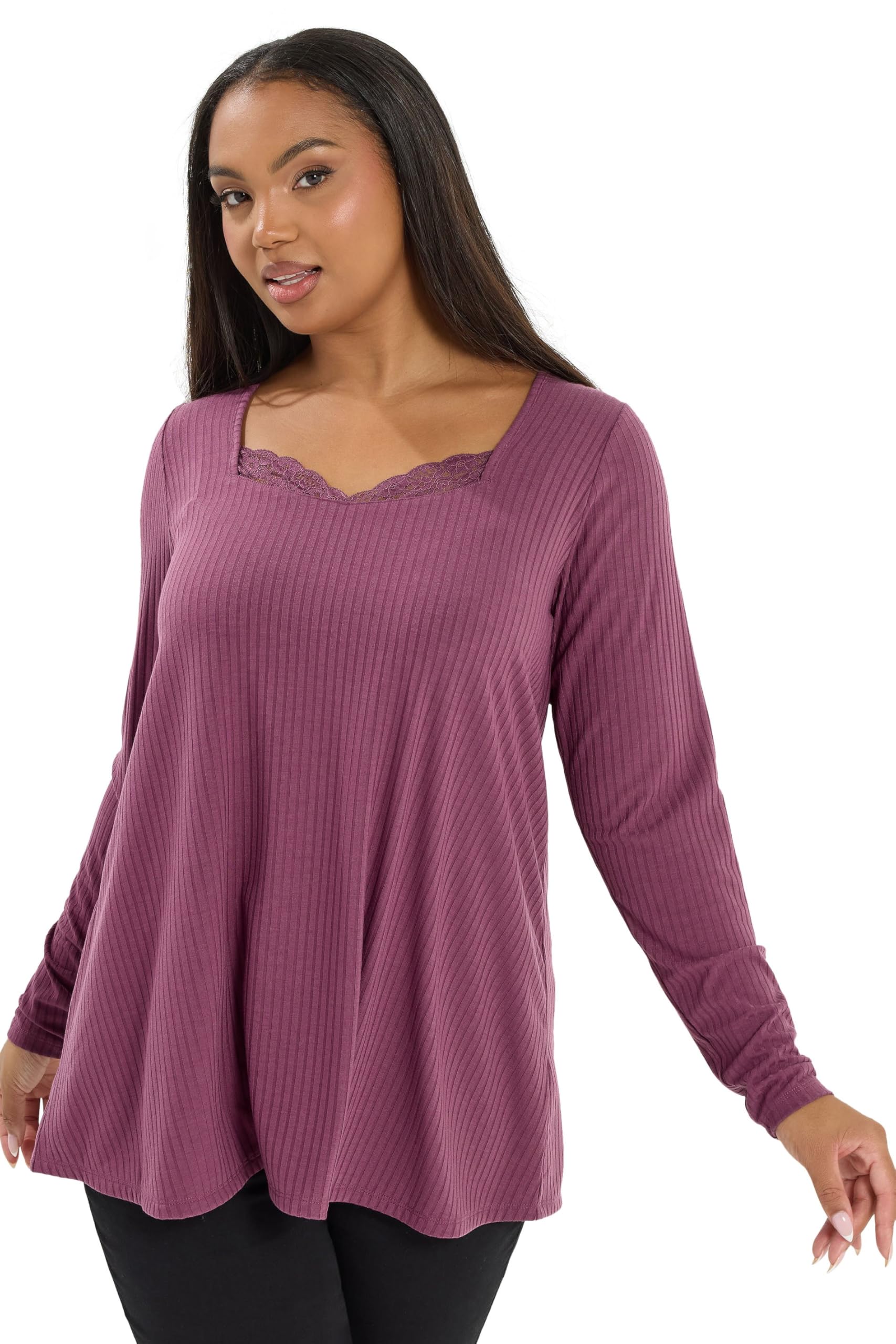 Yours Women's Long Sleeved Top - Ribbed Jersey - Dark Pink - Size 16