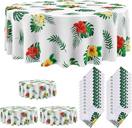 Miniatura 7 de Oudain Mantel hawaiano de 6 piezas de 84 pulgadas, mantel redondo de flores tropicales Luau de plástico, desechable, para playa, cumpleaños,