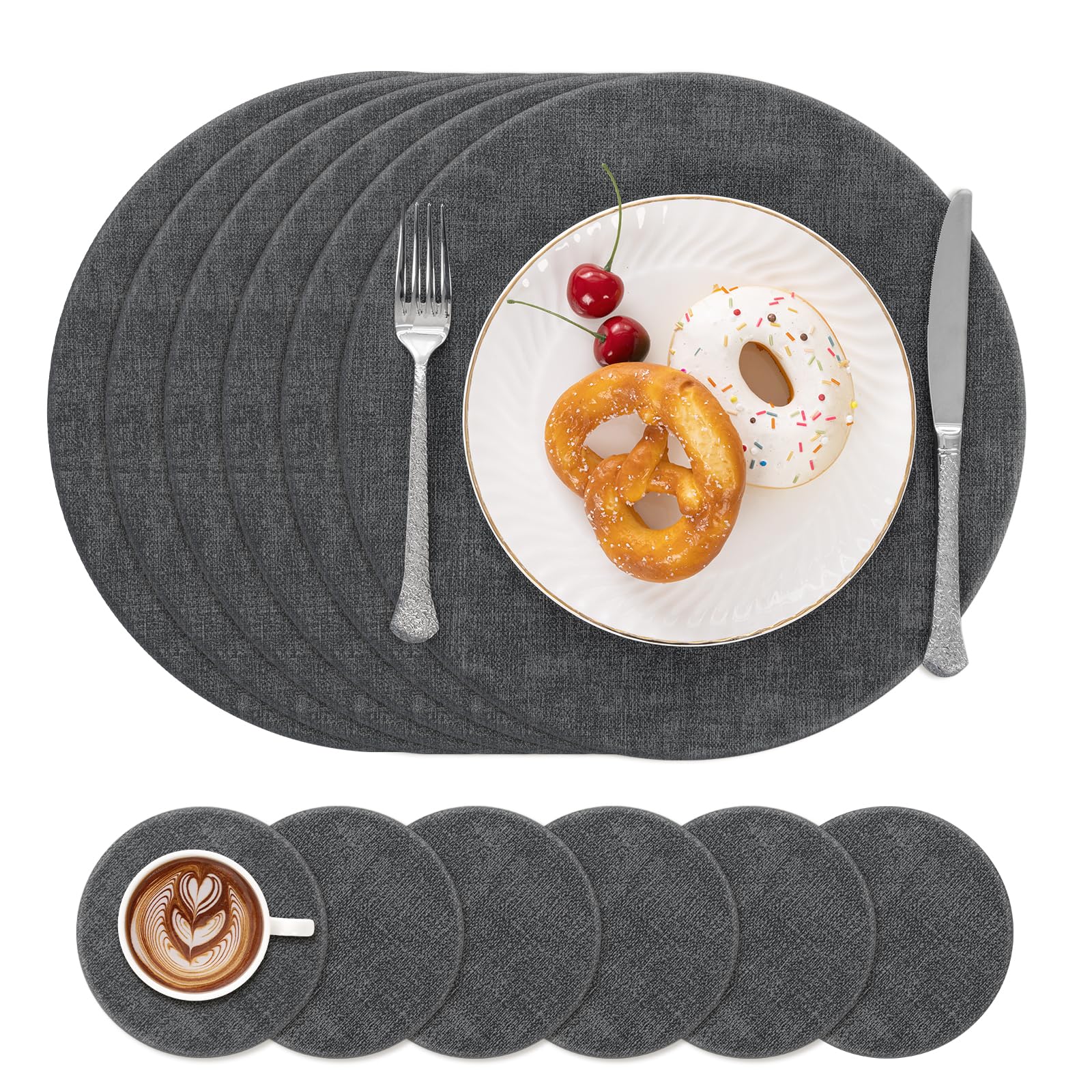 Enyhom Round Placemats and Coasters Sets 6 PU Leather Table Mats, Dark Grey