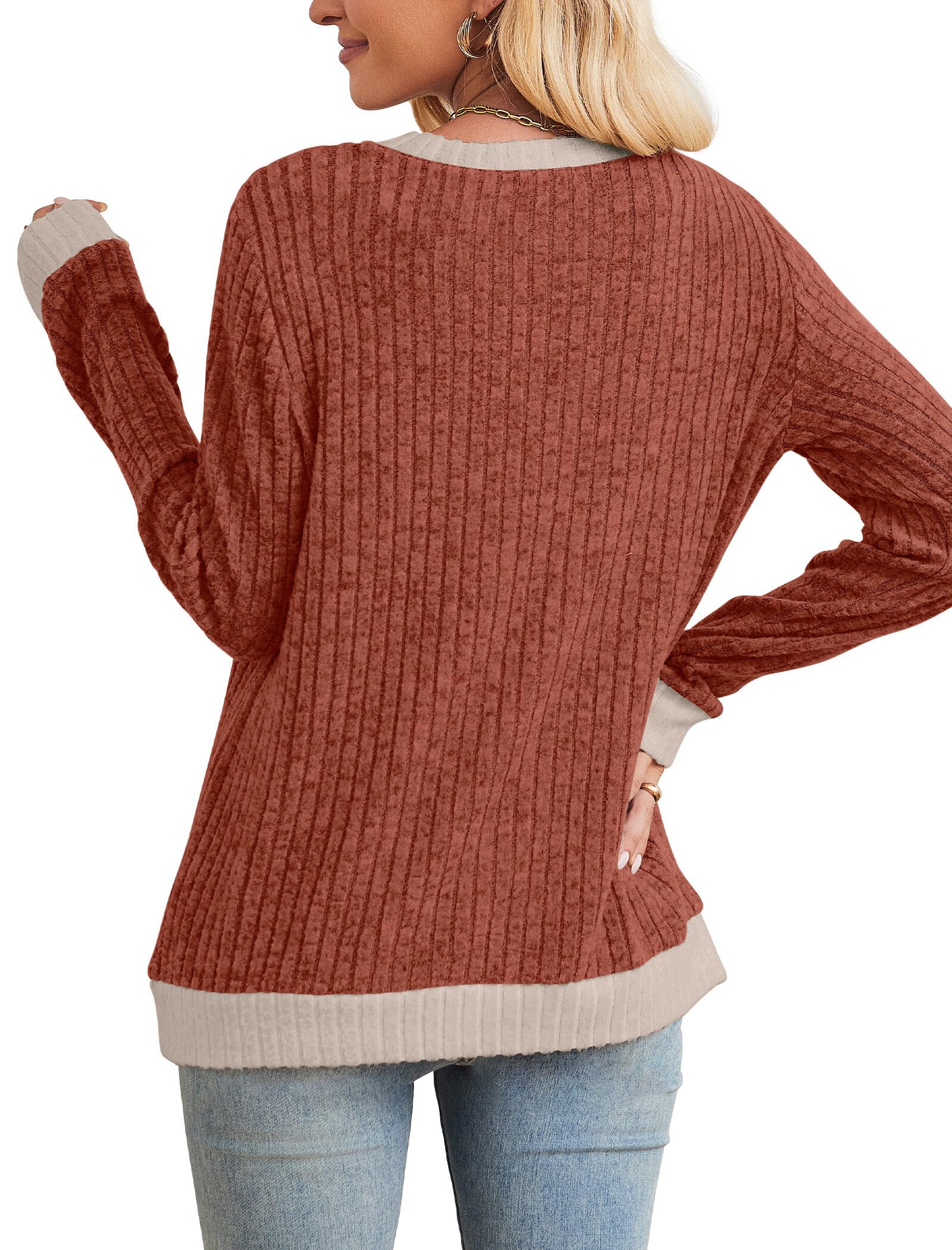 Sampeel Womens Tops Long Sleeve Shirts Lightweight Sweaters Loose Fit Crewneck Color Block Fall Fashion Outfits