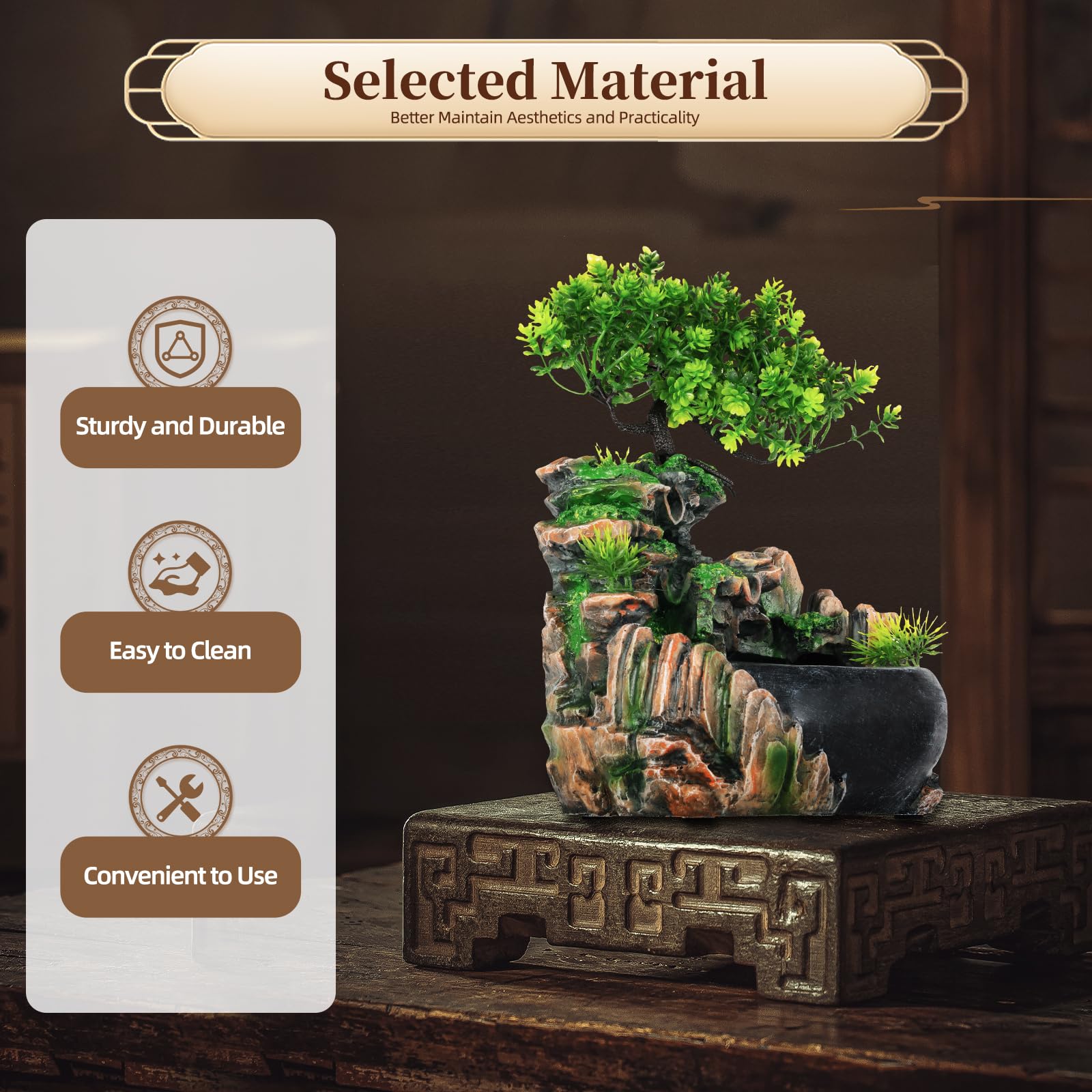 Fontaine d'intérieur avec éclairage LED Fontaine de Table Salon Bureau Cascade Desktop Bonsai Ornament Fontaine Table Cascade Fontaine de Bureau avec Plantes Décoration (sans Brouillard)