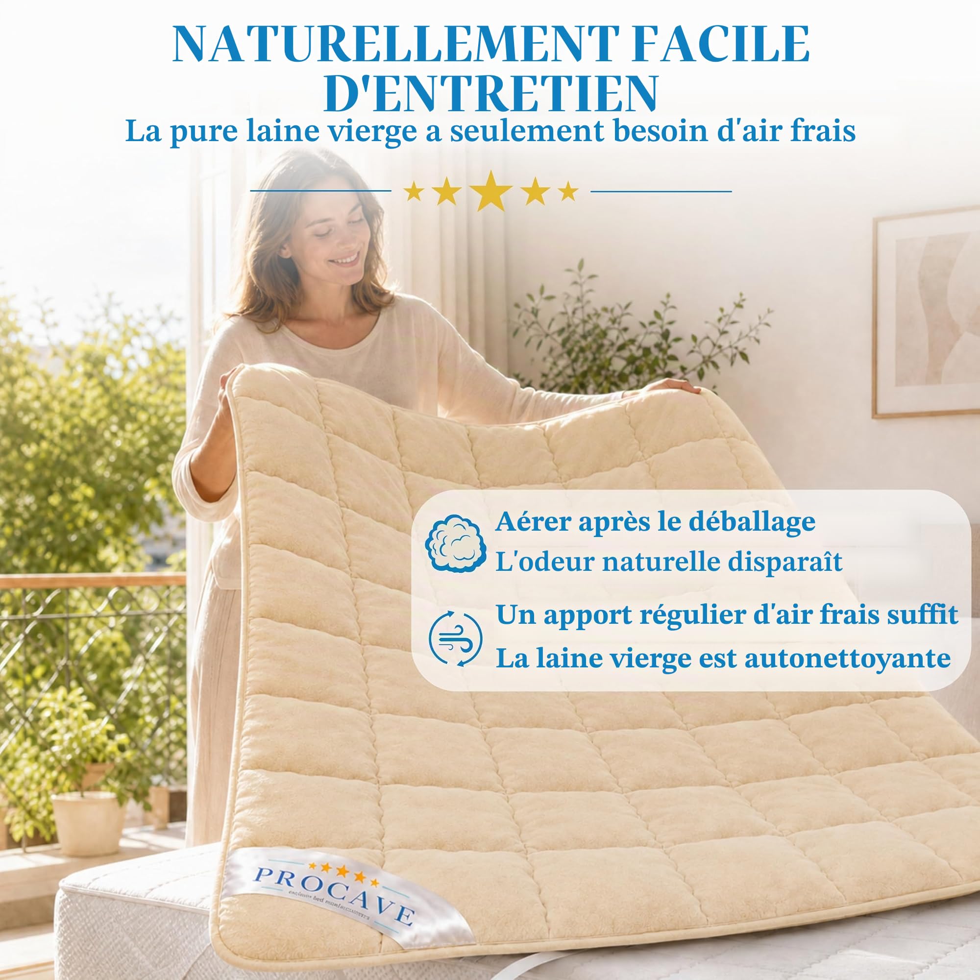 PROCAVE sur-Matelas en Laine Vierge, protège-Matelas Respirant, Housse pour Matelas doté de 4 Coins élastiqués, alèse 160x200 cm