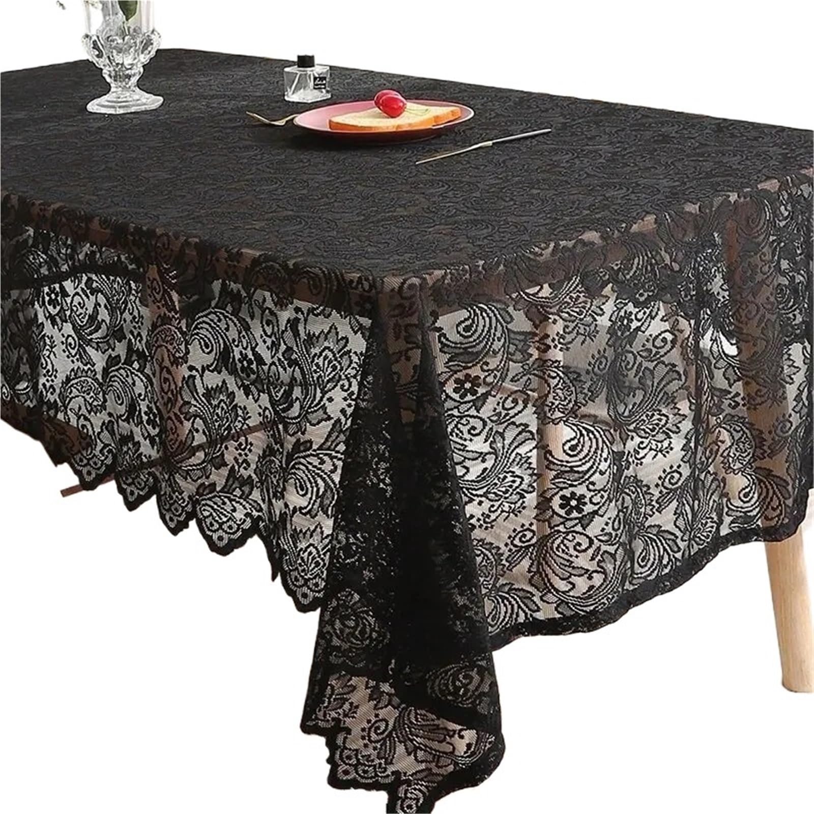 HYFEUOKF Black Lace Tablecloth With Phoenix Tail Pattern For Living Room And Dining Table Decoration(140x100cm)