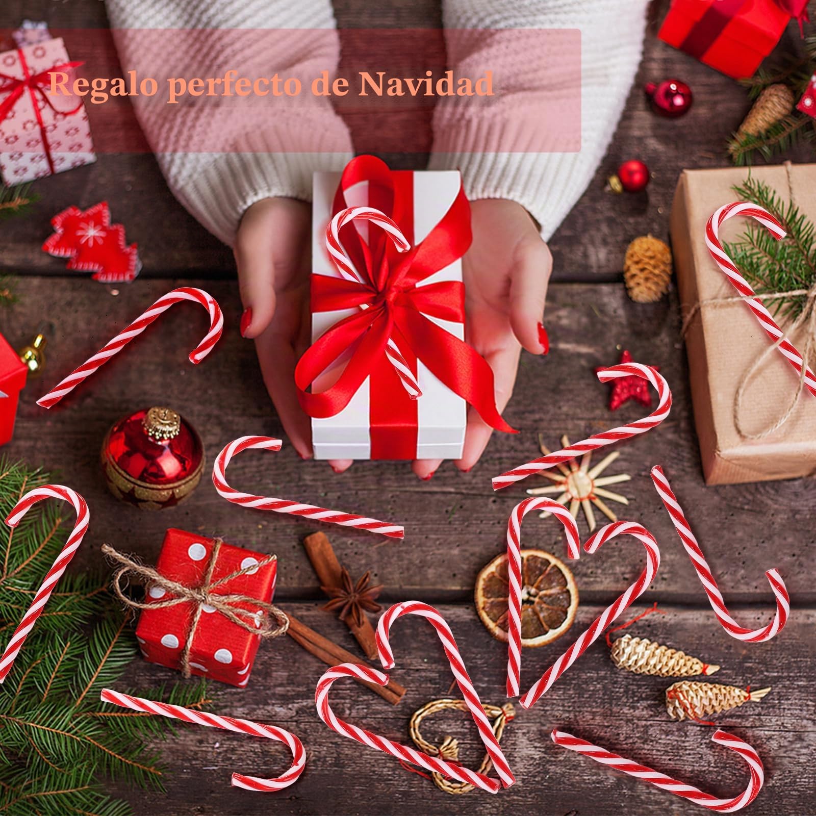 Naler 12 Bastones de Caramelo Adornos para Árboles de Navidad Muletas Plásticas Colgante de Decoración con Cordón Rojo y Blanco