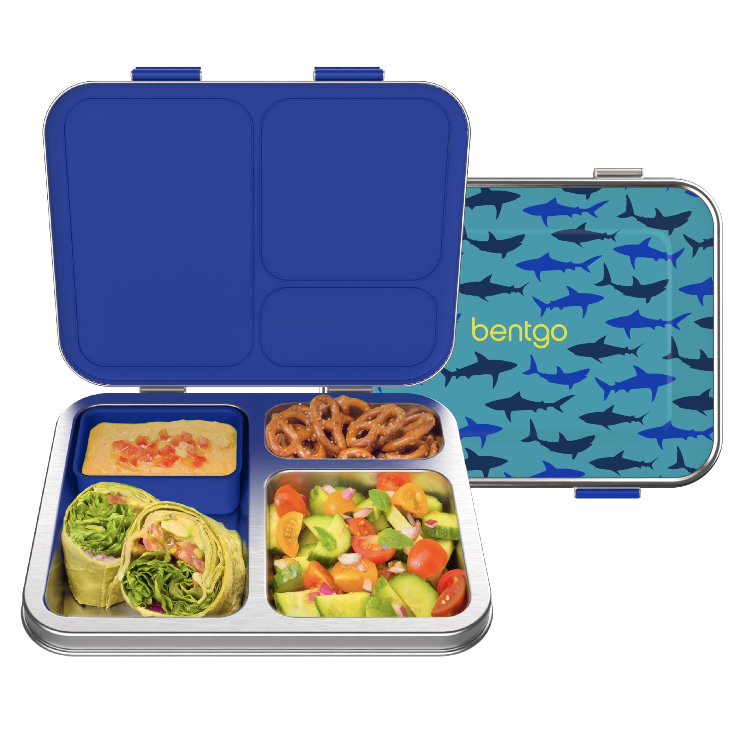 Bentgo Kids Stainless Steel Prints Leak-Resistant Lunch Box - 3-Compartments with Bonus Silicone Container, Durable, Eco-Friendly, Dishwasher Safe,