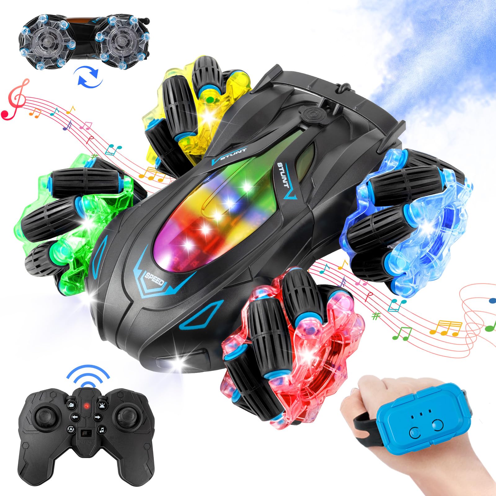 RC Cars Gesture Sensing Stunt Car, 360° Rotating Remote Control Car with Cool Light and Music, Spray Drift Hand Controlled Car, 2.4Ghz Rechargeable RC Car, Best Birthday Gifts for Boys 6-12 (Blue)