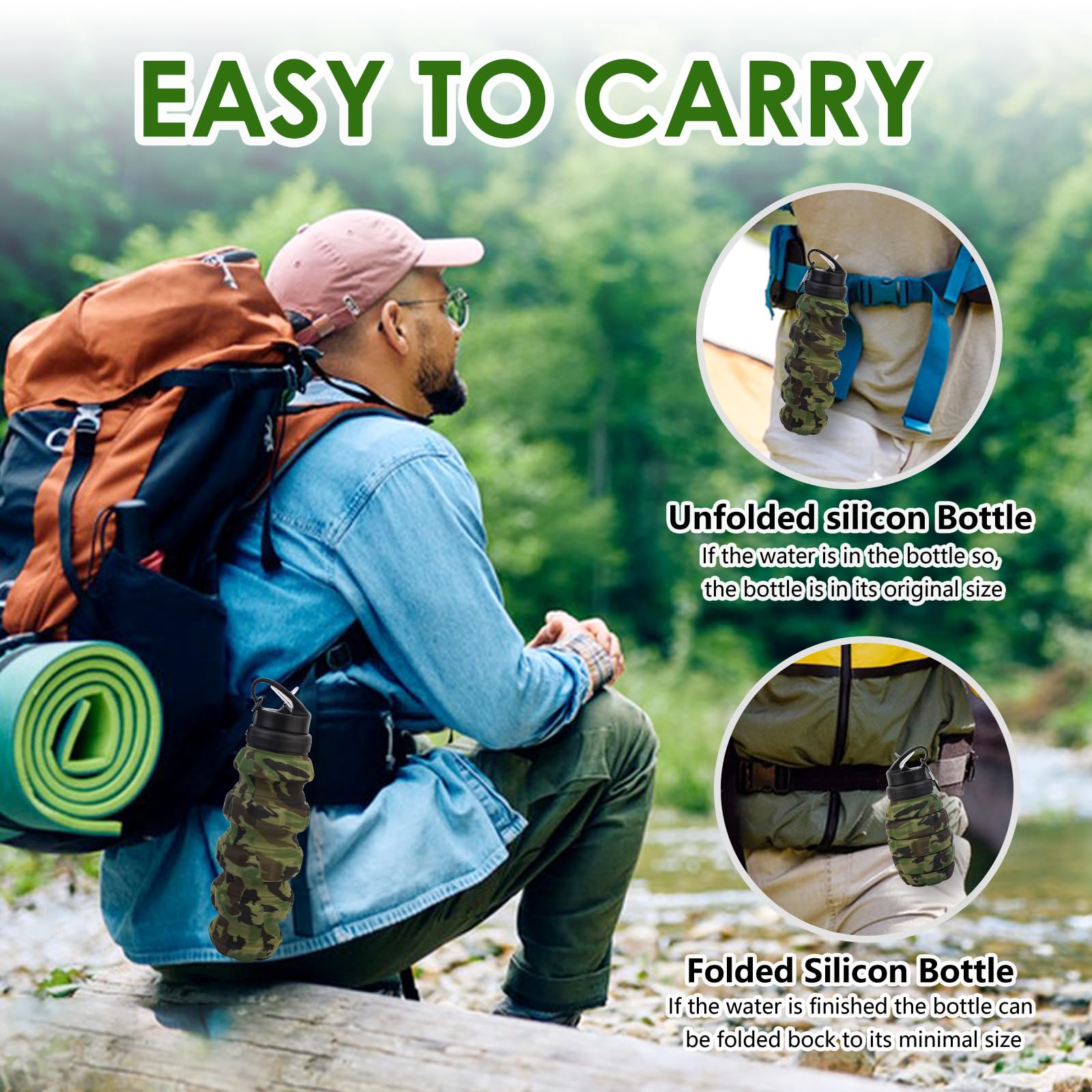 Faltbare Reise-Wasserflasche, wiederverwendbare Silikon-Wasserflaschen für Fitnessstudio, Camping, Wandern, tragbar, auslaufsicher, Sport-Wasserflasche, Armee-Camouflage-Flasche mit (Grün)