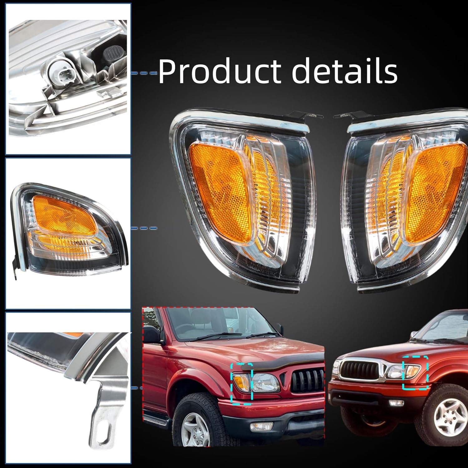 WFLNHB Front Driver and Passenger Side Parking/Side Marker Lights Replacement for Toyota Tacoma 2001-2004 Side Marker Corner Lights w/Chrome Trim 8162004090B0 TO2521162