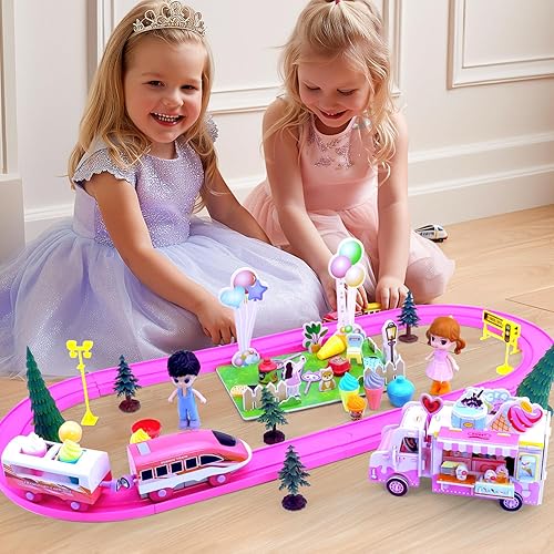 Miniatura 3 de Juegos de tren rosa para niños pequeños, juguetes musicales de tren eléctrico con camión de helado de bricolaje, rompecabezas de espuma 3D, kit de