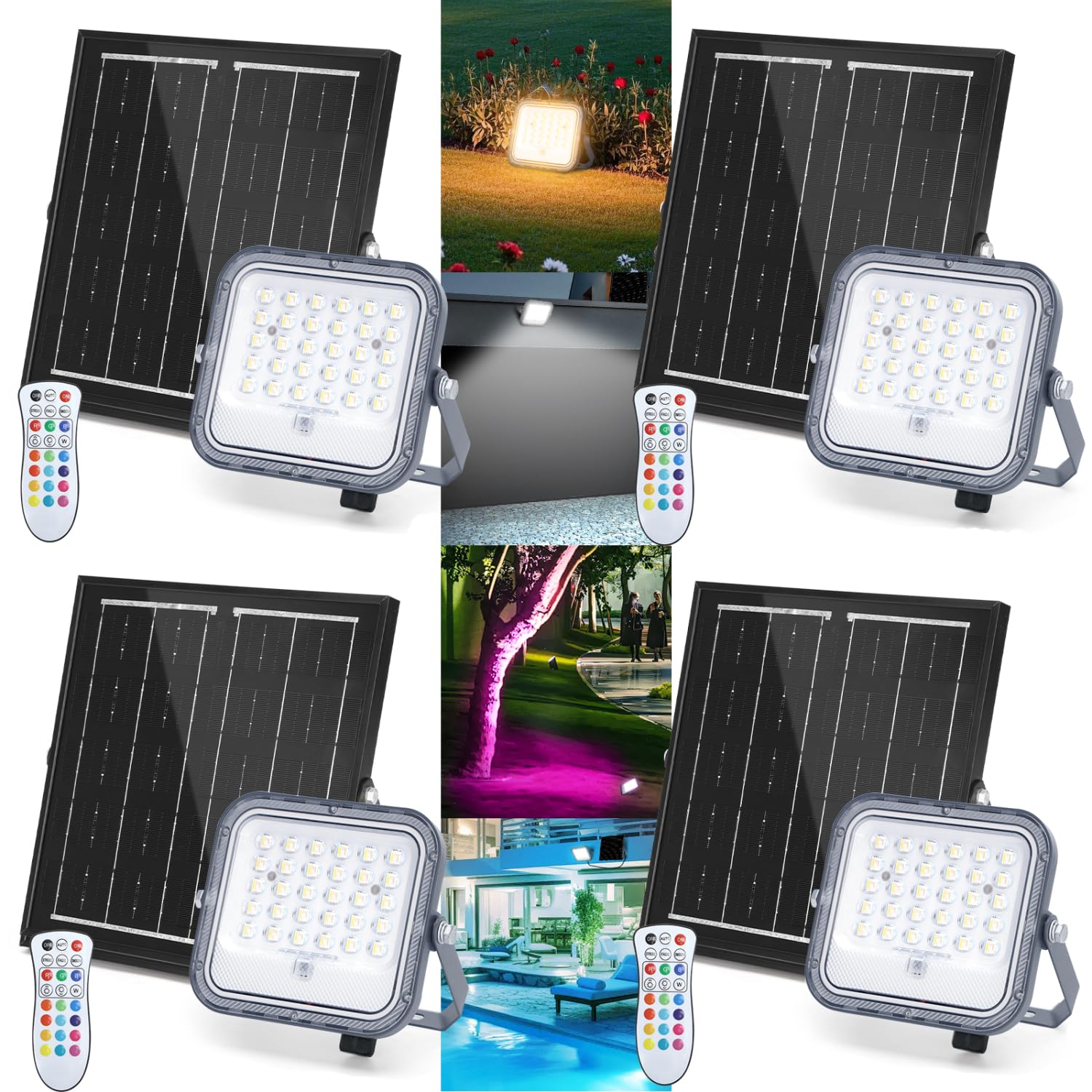 Aigostar Focos LED Exterior Solares RGBW, Cambio de Color 50W, Foco RGB+6500K y 3 Modos, Regulable, Control Remoto, IP66 Impermeable, Proyector LED RGB para Fiestas Jardín Terraza, 4 pcs
