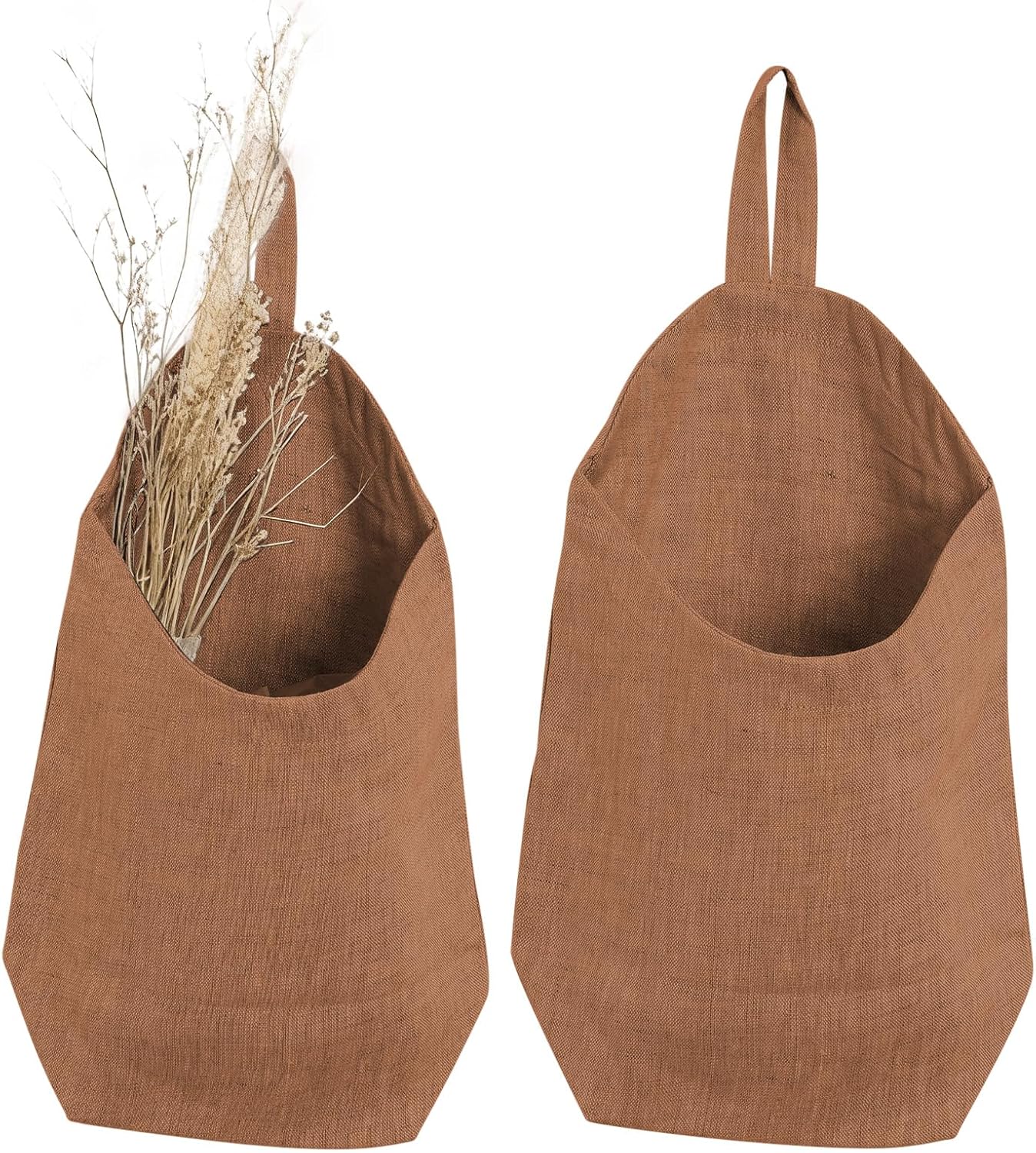 100% Linen Hanging Storage Bags Baskets 2 Pcs, Small Wall Storage Bag for Kitchen, Bedroom, RV Camper Organizer, Sewing Room, Nursery Storage, Kids Room (Brown)