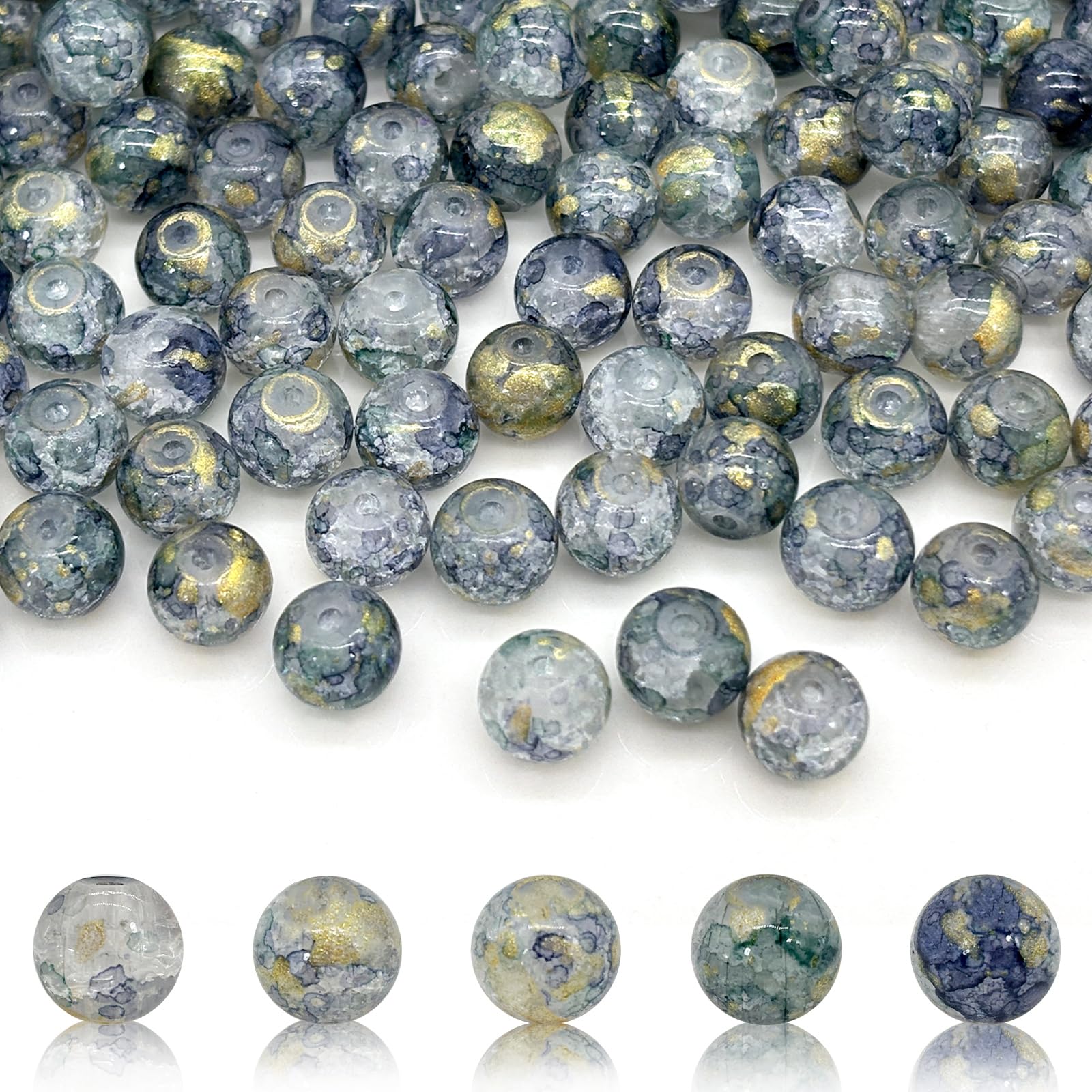 400pcs 8mm Crackle Glass Beads, Crystal Glass Round Spacer Beads for Jewelry Making, DIY Craft Projects, and Bracelet Necklace Design (Gold+Gray)