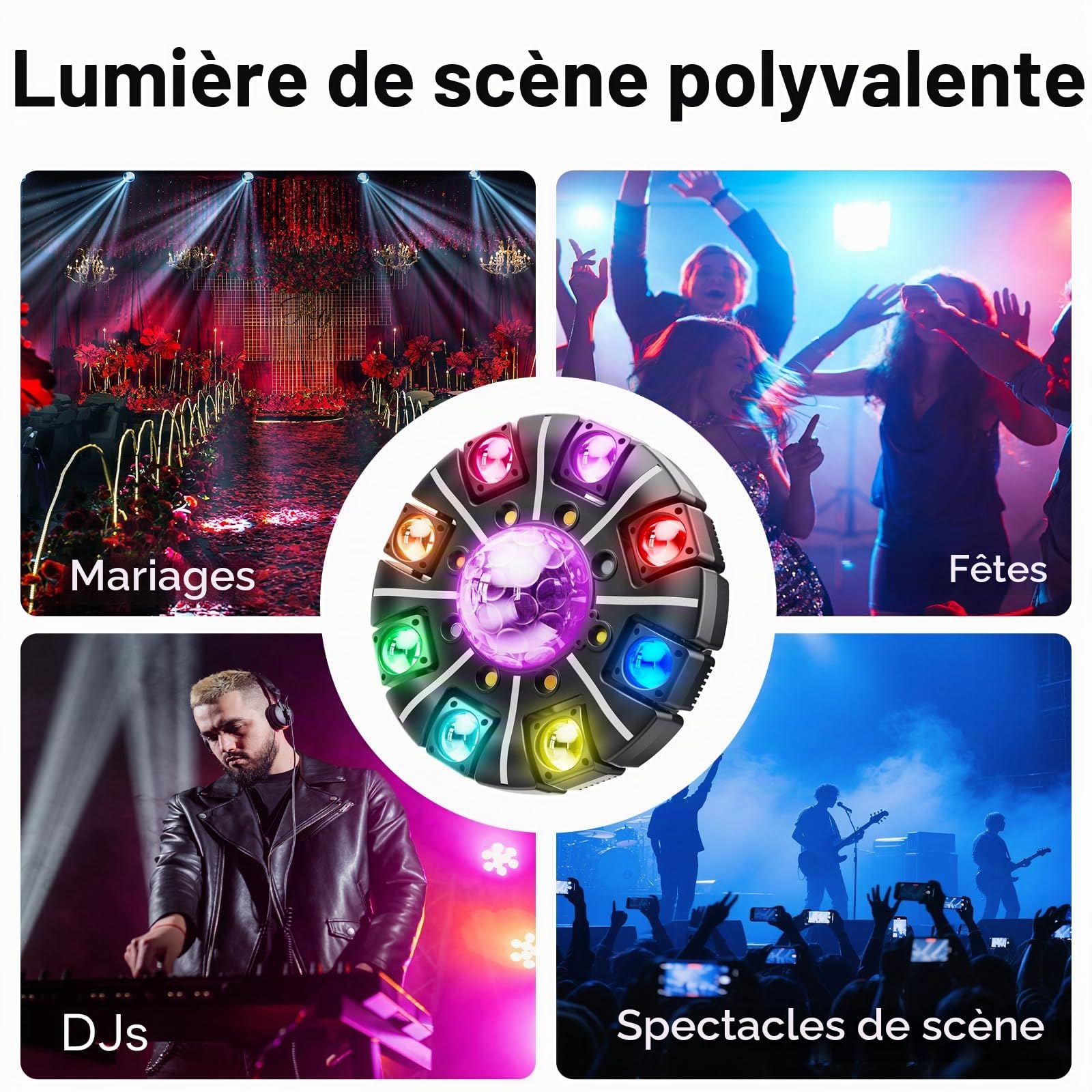 150W Lyre LED Lumière de Scène Mobile avec Télécommande, 8 bras Faiscea RGBW LED Jeux de Lumiere Boule Disco avec Motif Stroboscope DMX512 Contrôle du Son pour Bar DJ Mariages Concerts