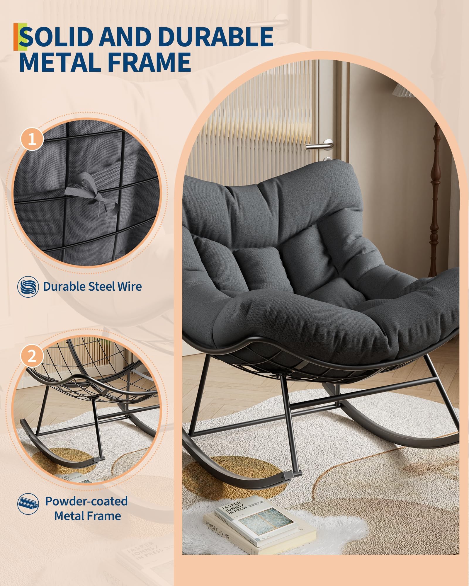 1 Sedia in Filo Ferro, Sedia Dondolo a Forma Uovo Telaio Quattro Pezzi Smontabile Rivestito Plastica Cuscino Tessuto Imbottitura Cotone PP Cuscino Sottovuoto Sedia a Dondolo