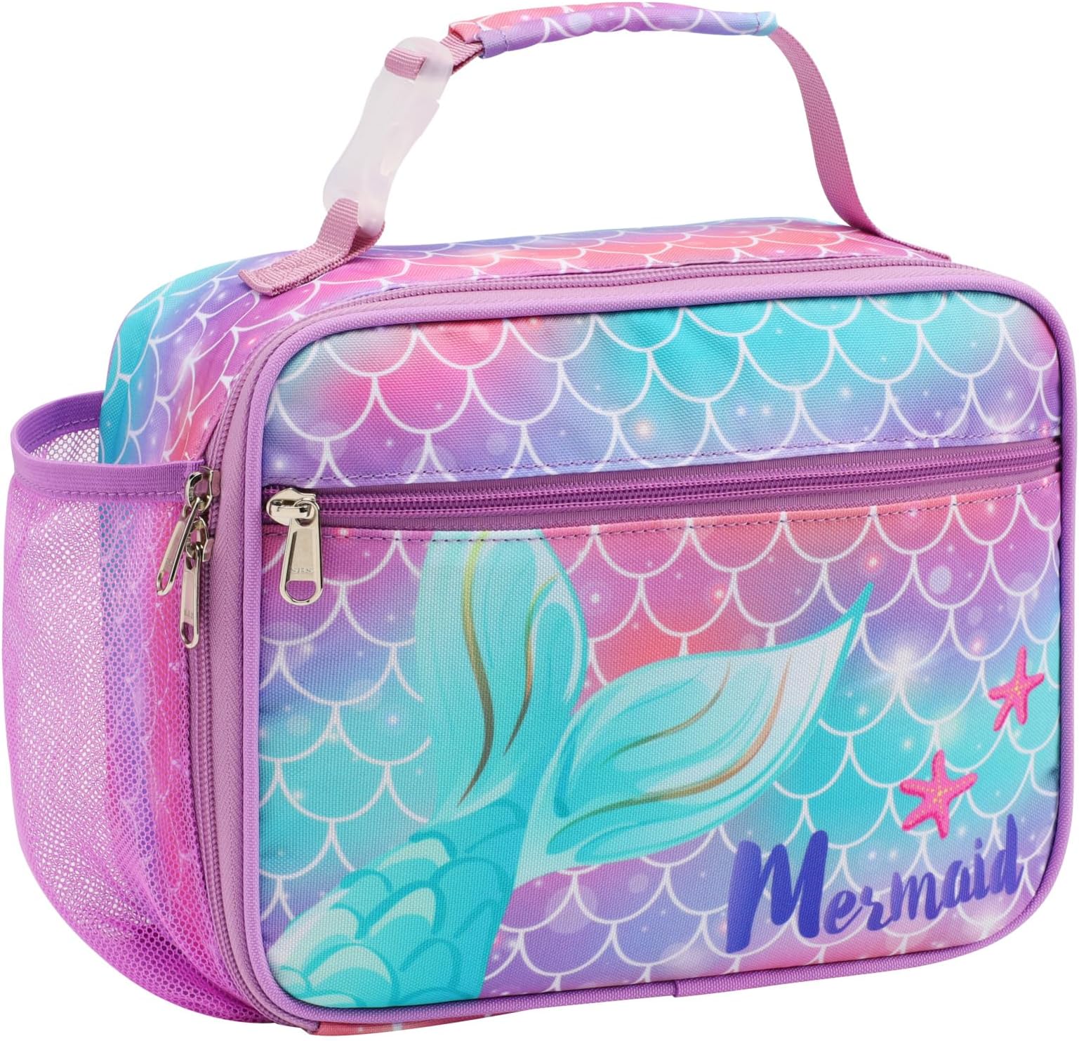 Kids Lunch Bag Girls - Thermal Insulated Lunch Box Tote with Water Bottle Holder, Reusable Leak-Proof Kids Lunch Box for Daycare & School, Purple Mermaid Tail (Containers Not Included)