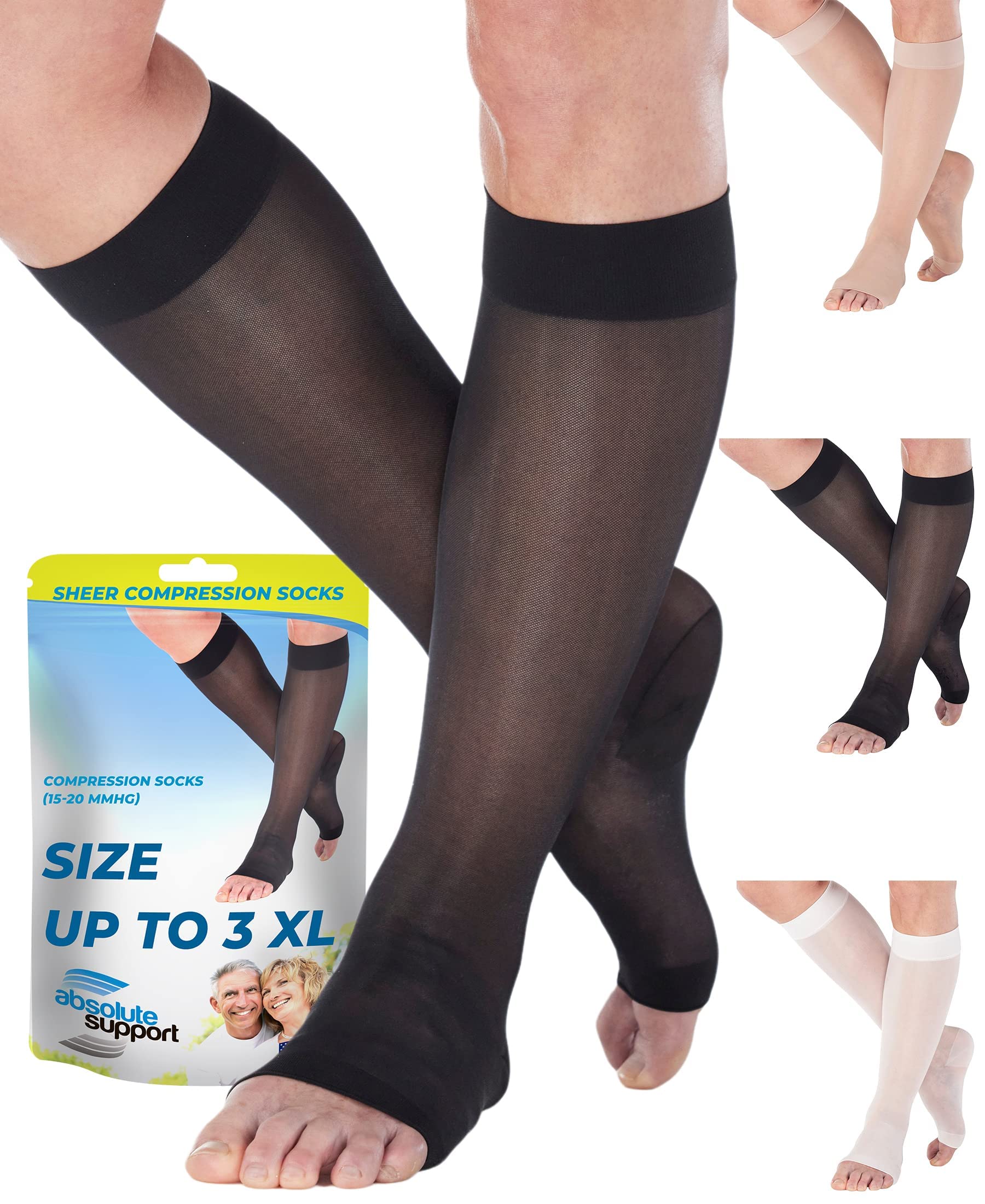 ABSOLUTE SUPPORT Calcetines de compresión transparentes para mujer, circulación, 15-20 mmHg con puntera abierta